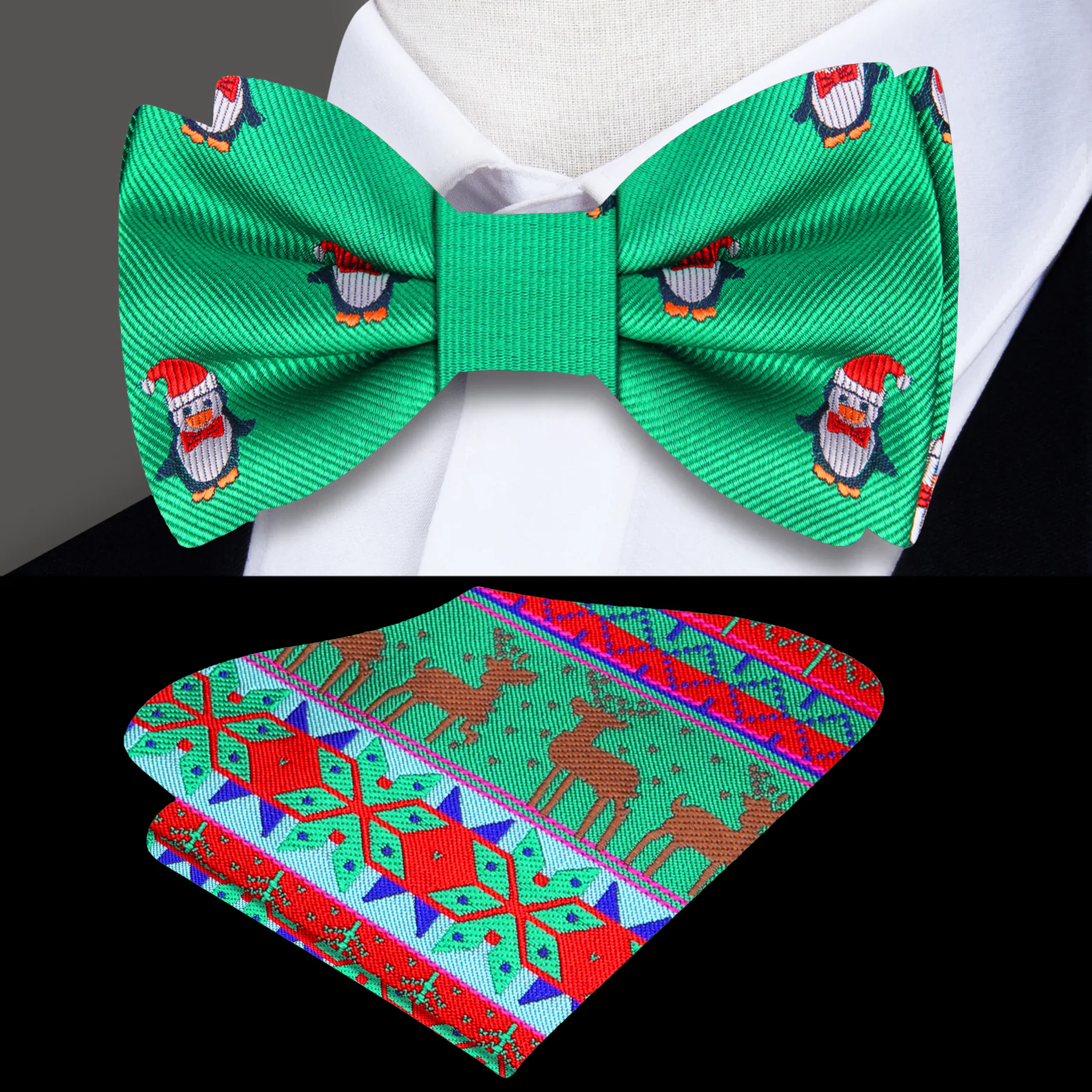 Close-up of Christmas penguin silk bow tie with vibrant red and green colors