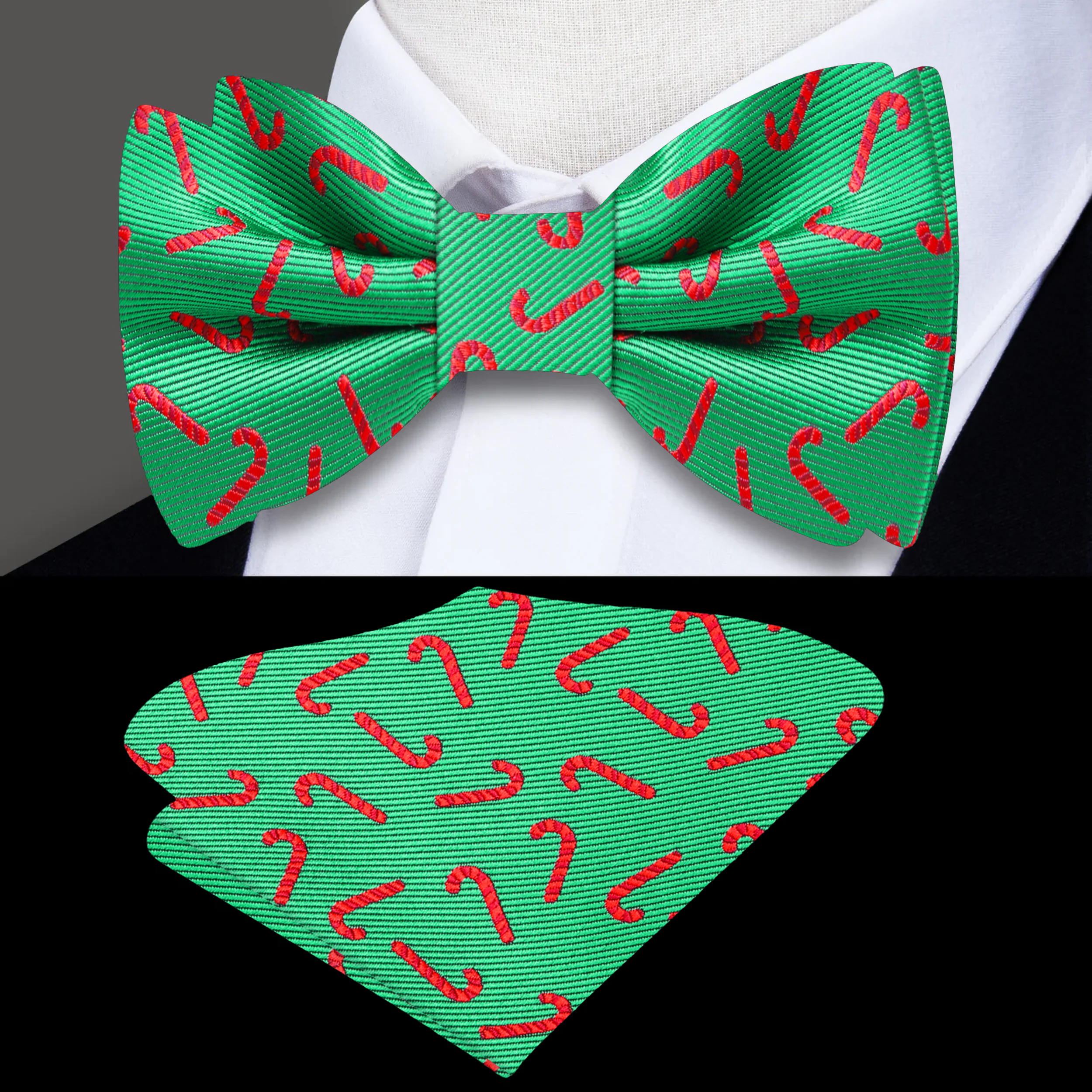 Model wearing the Christmas bow tie with a white shirt and navy suit at a holiday party