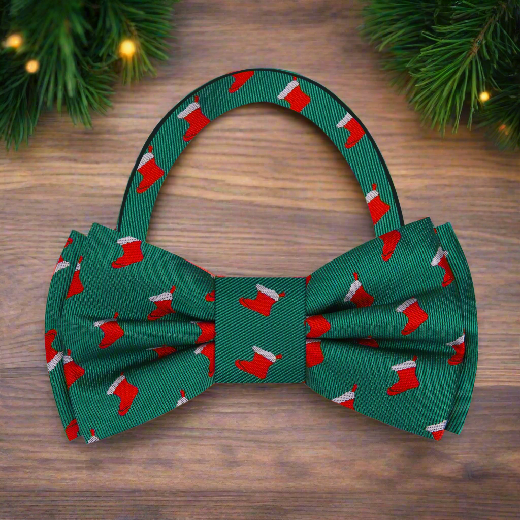 Close-up of the detailed red stockings pattern on the bow tie