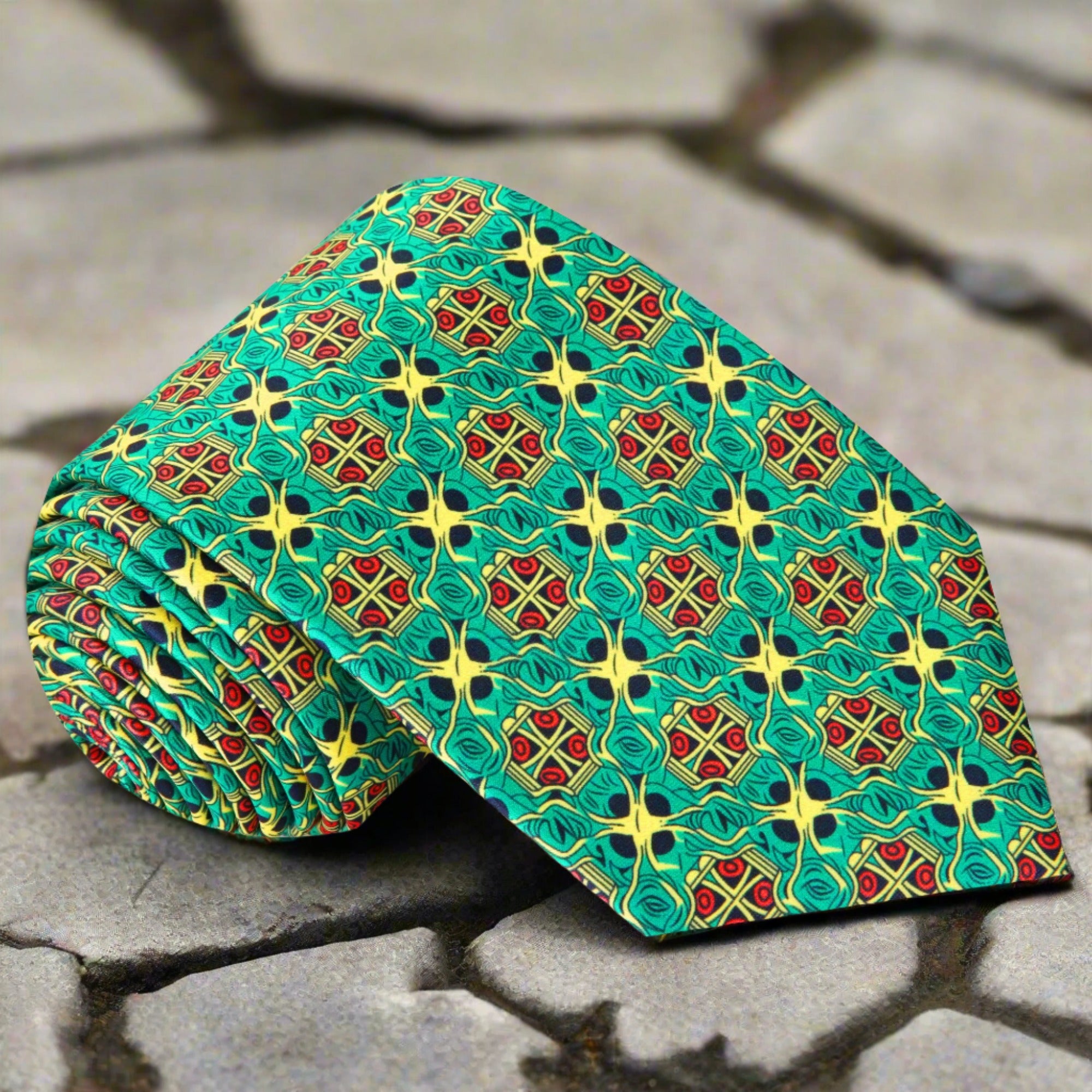Close-up of the vibrant green silk tie featuring an abstract pattern in yellow, red, and black.