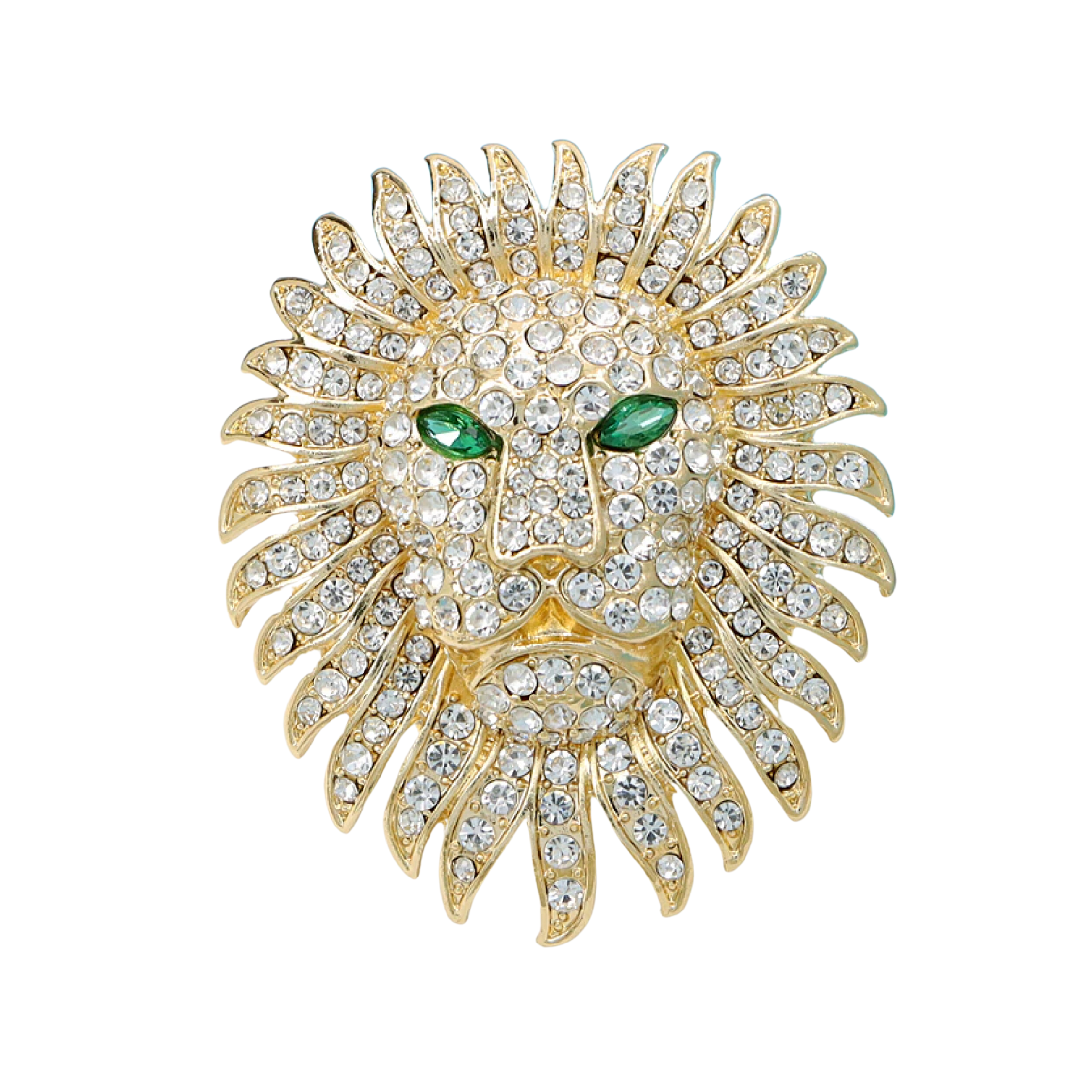 Gold lion head gemstone lapel pin displayed against a light background, emphasizing its luxurious appeal.