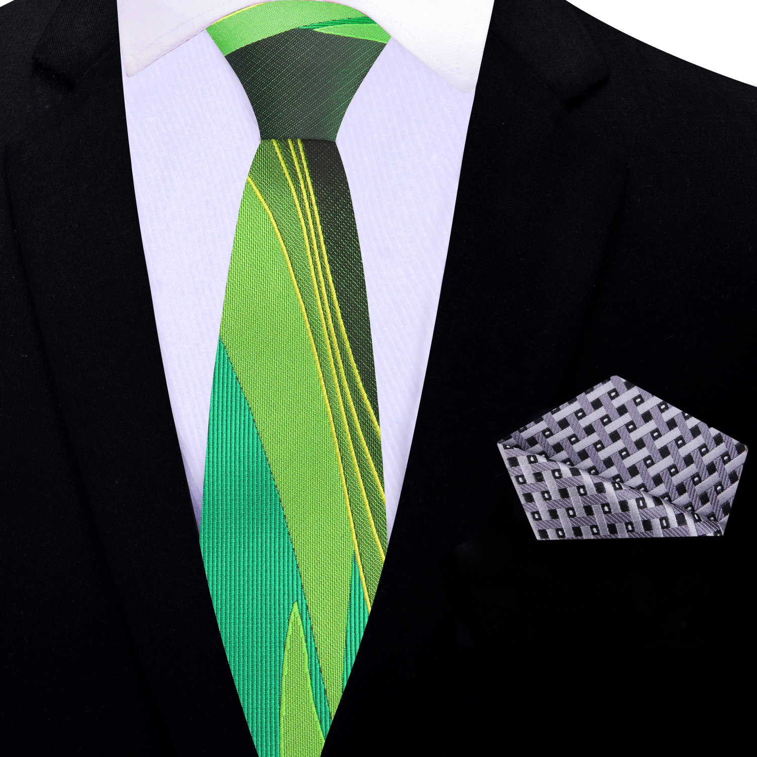 Silk tie laid flat showcasing the flowing artistic lines and vivid colors