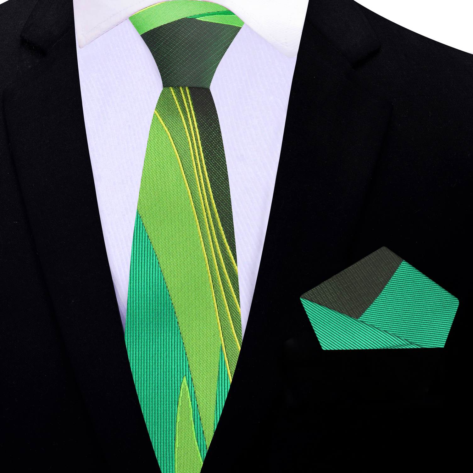 Silk tie laid flat showcasing the flowing artistic lines and vivid colors