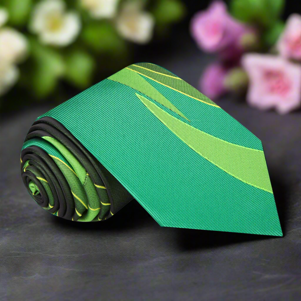 Close-up of the vibrant green and yellow abstract silk tie, highlighting its modern design