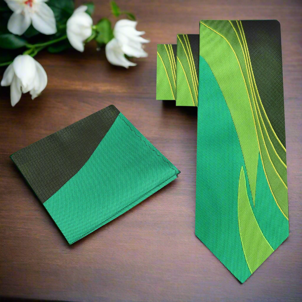 Close-up of the vibrant green and yellow abstract silk tie, highlighting its modern design