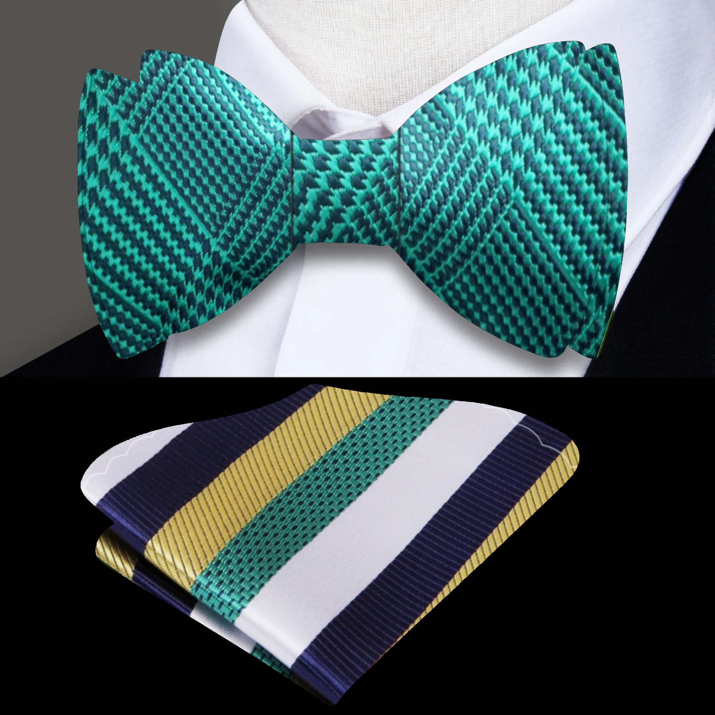 Close-up of a green plaid silk bow tie on a dress shirt, perfect for weddings