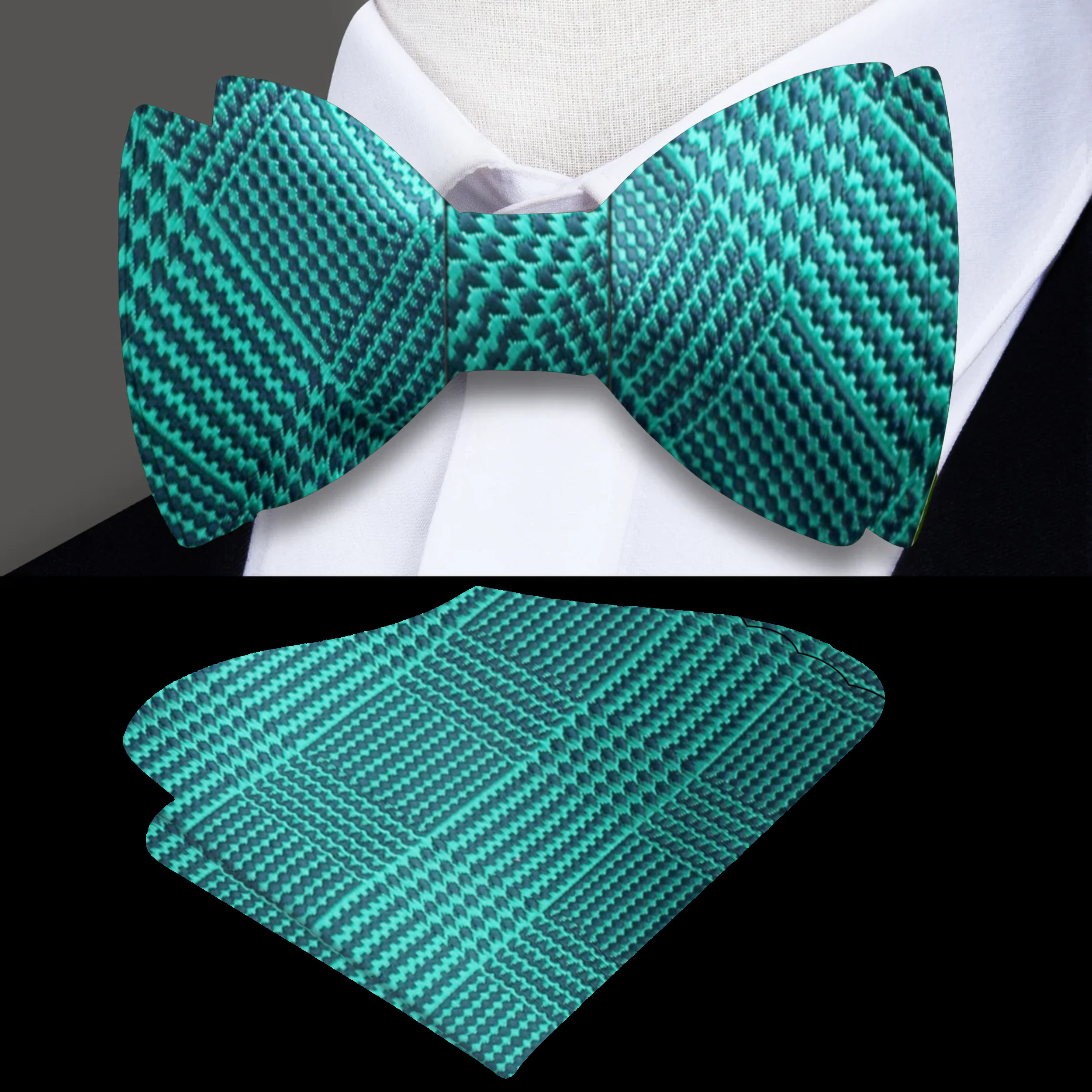 Man adjusting his green plaid silk bow tie for a formal event