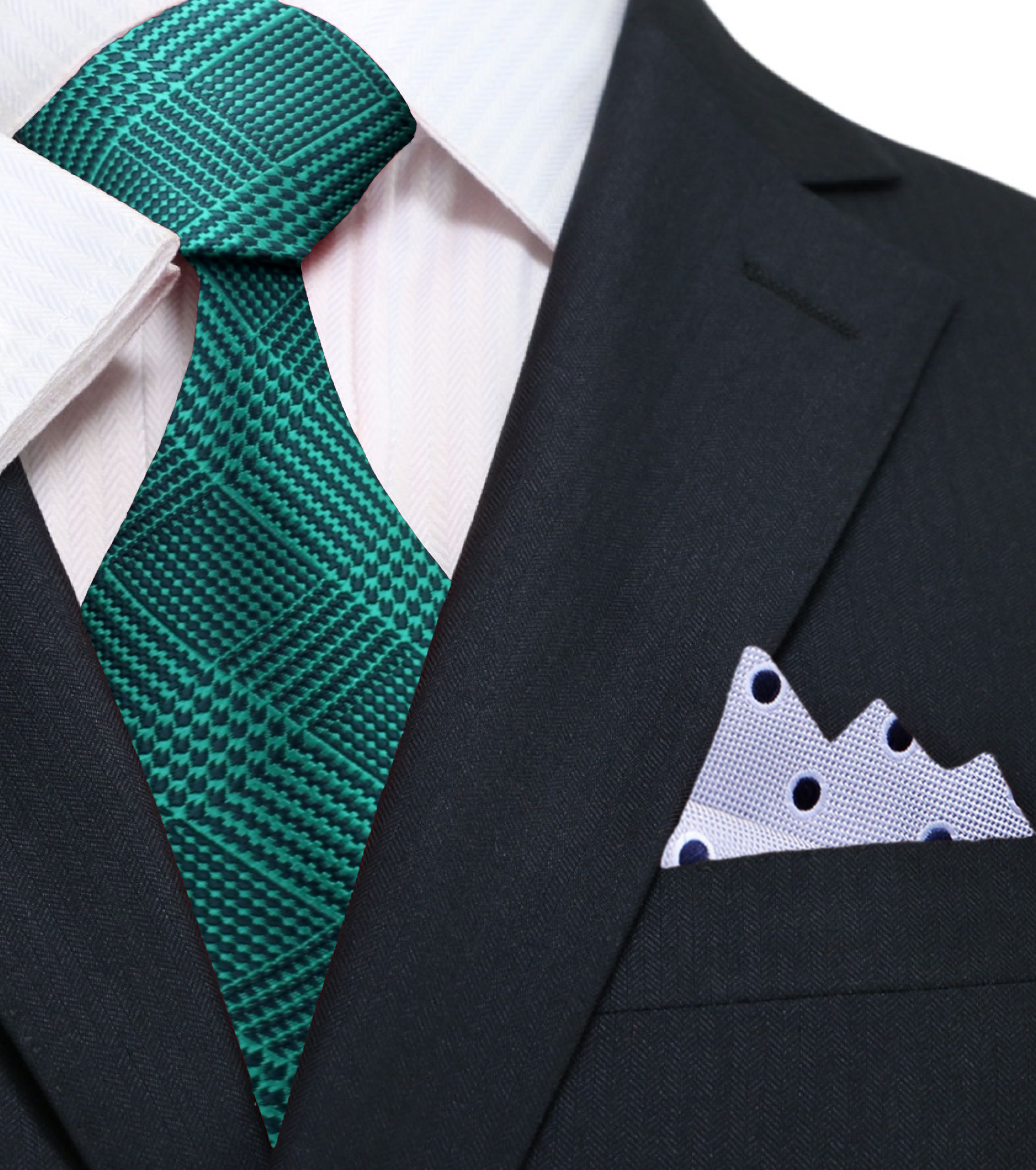 Front view of green and dark blue plaid silk necktie with a white dress shirt