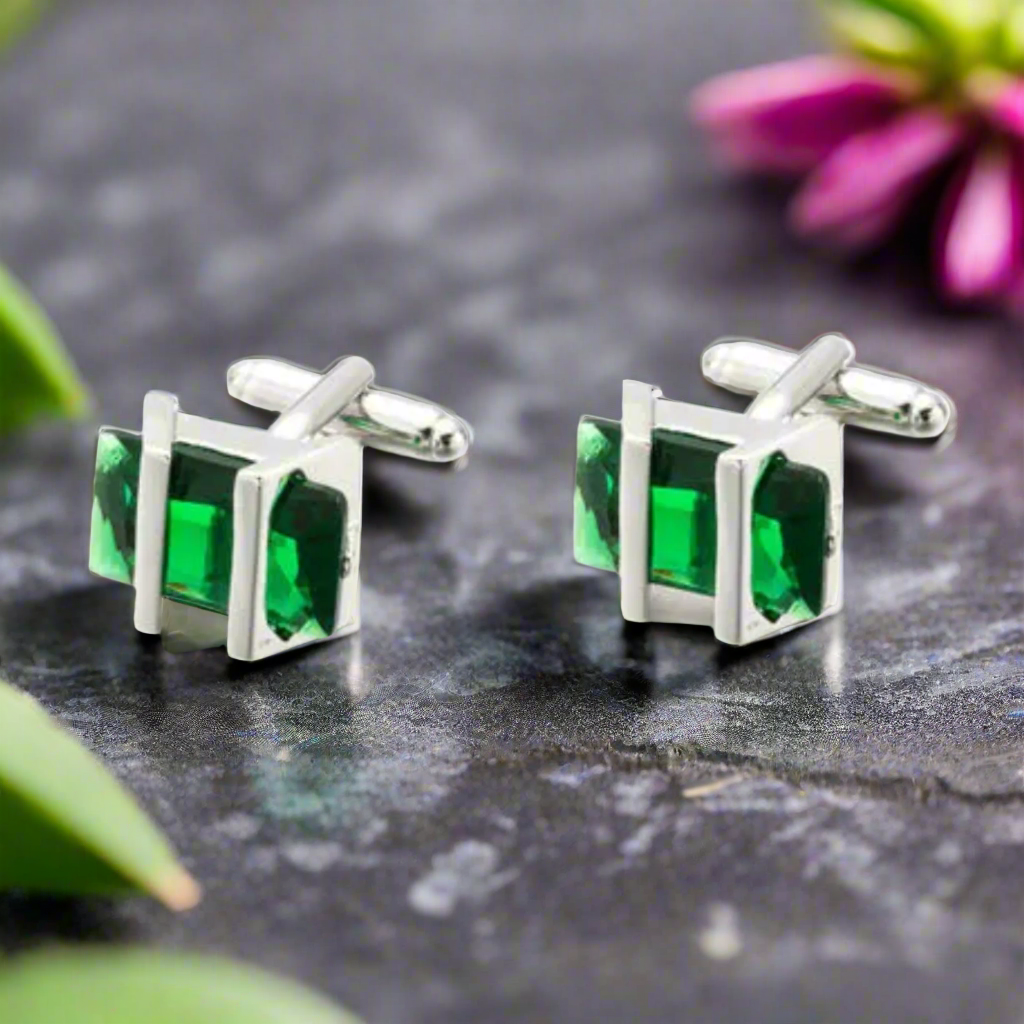 Side angle of chrome greenstone cufflinks displayed on a formal shirt, emphasizing their elegance.