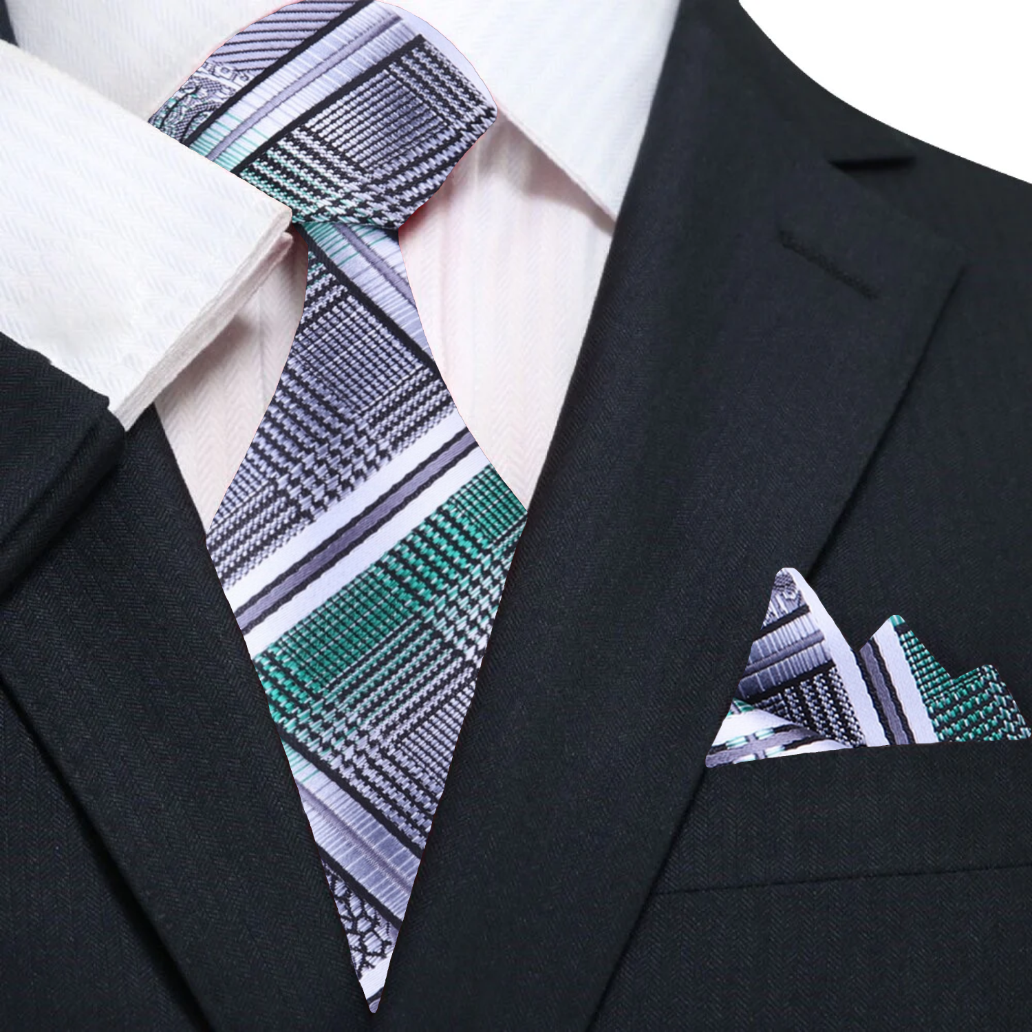 Model wearing the paisley silk necktie with a black suit, highlighting its stylish appeal.