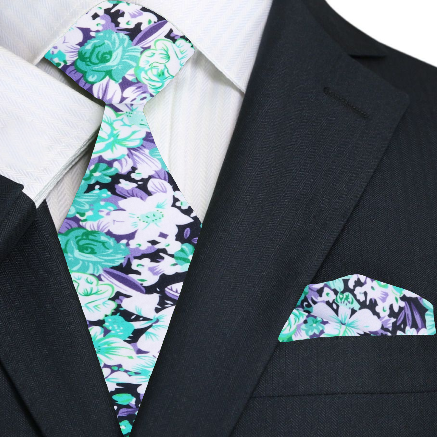 Close-up of a silk floral necktie showcasing detailed flower pattern and fabric texture