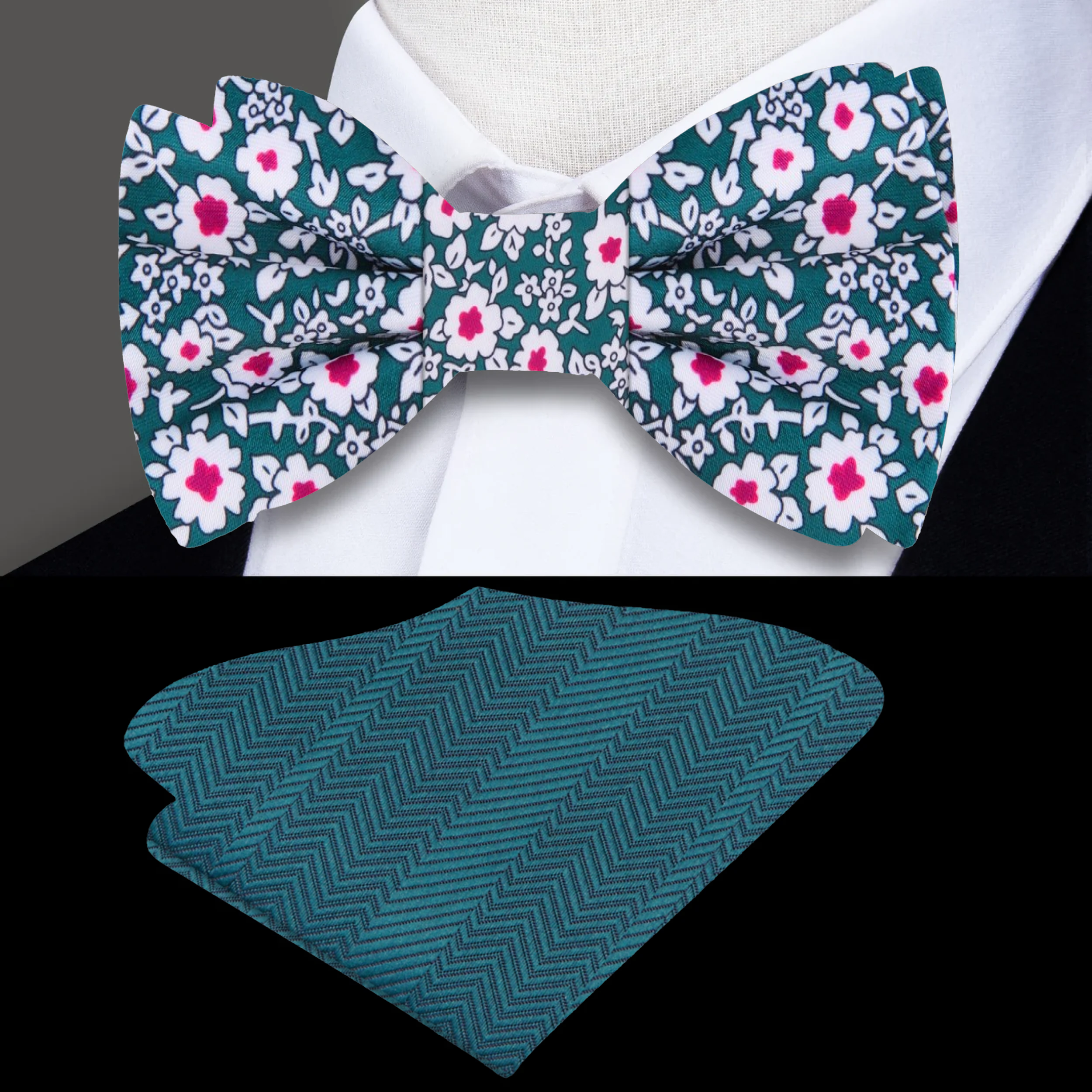 Close-up of floral bow tie in vibrant green, white, and reddish pink patterns, perfect for weddings