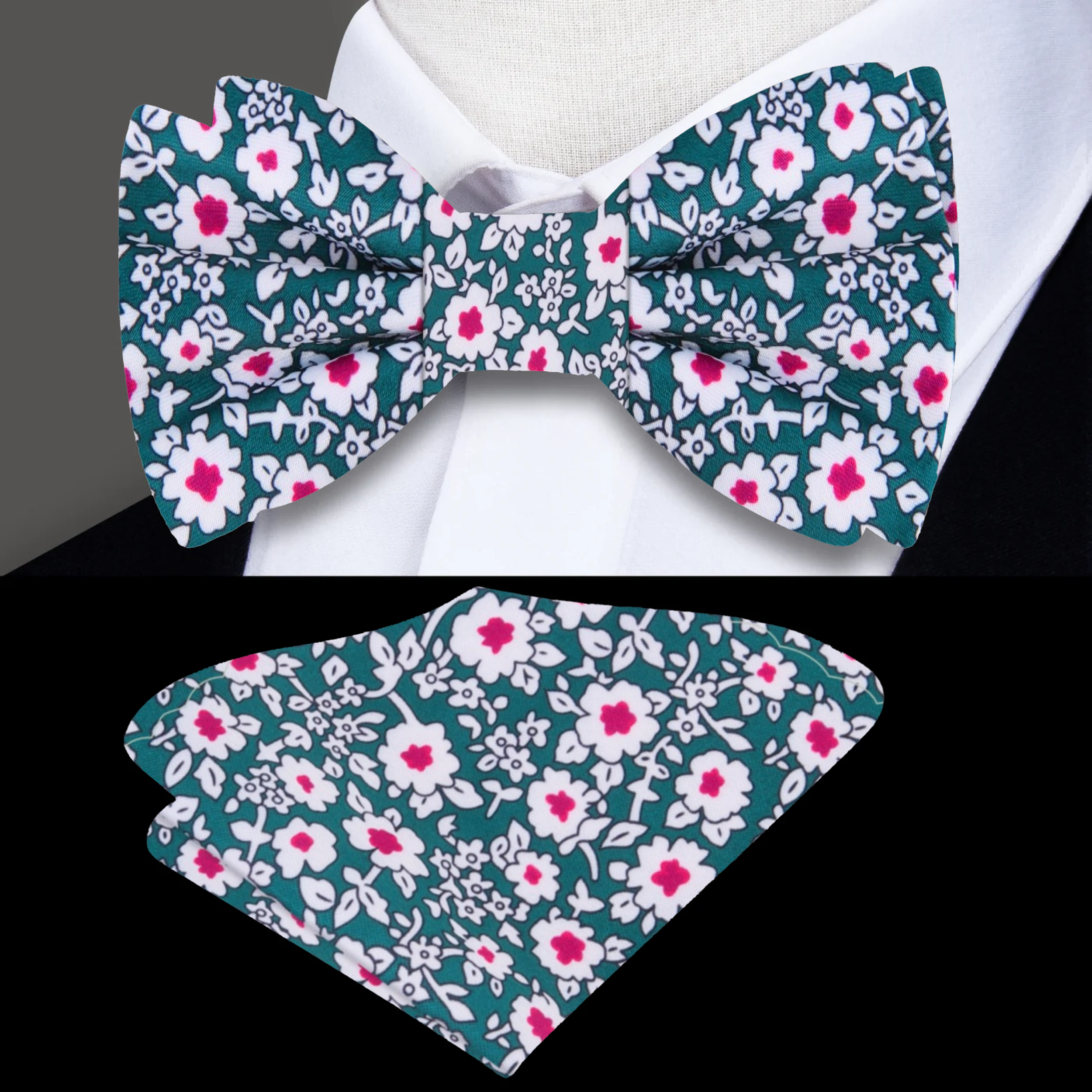 Male model wearing floral bow tie with a white dress shirt and charcoal grey suit for formal event