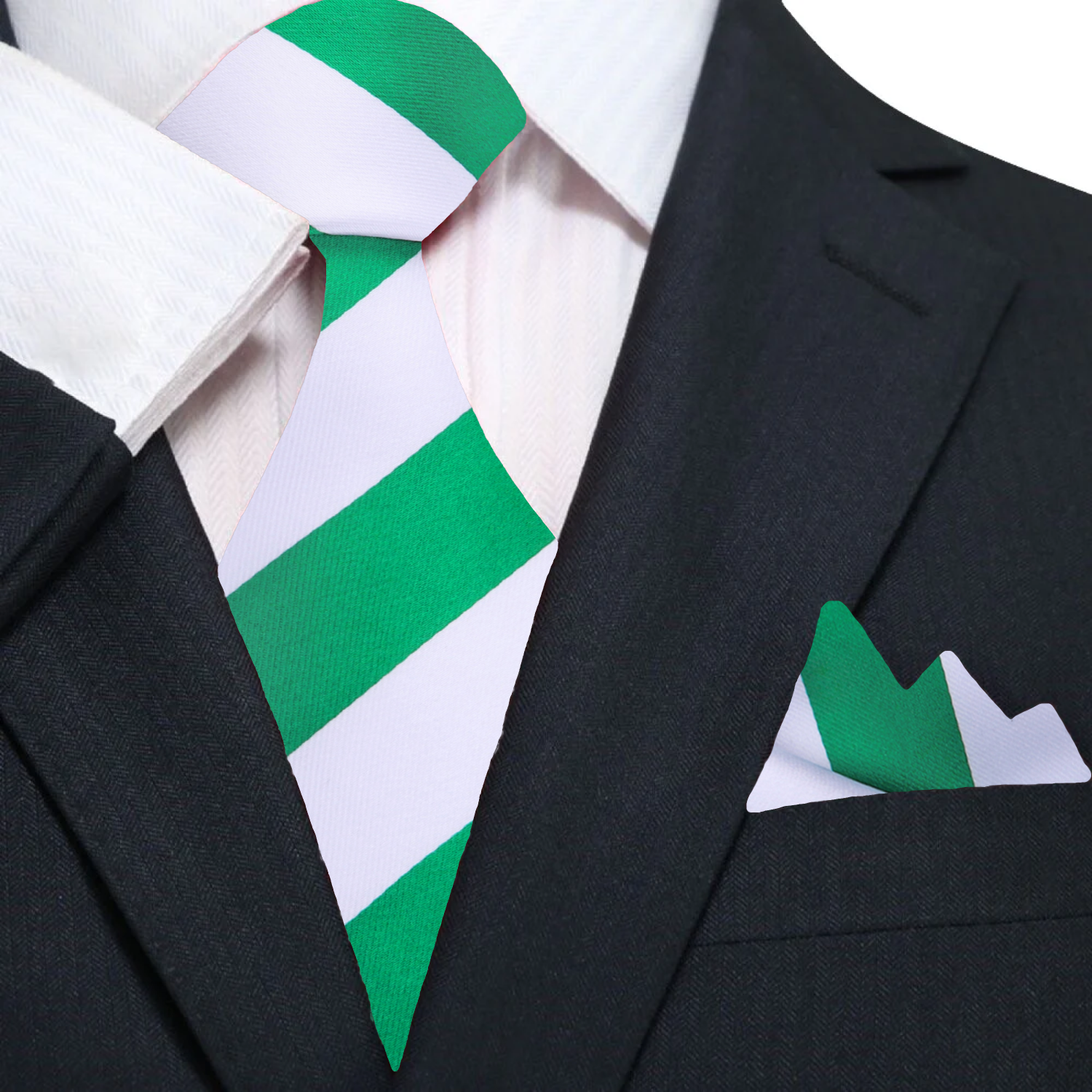 Elegant green and white stripe silk necktie draped over a suit jacket