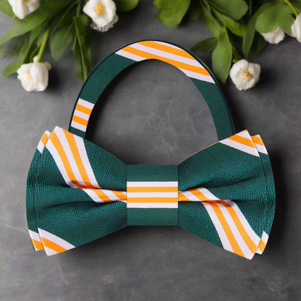 Silk striped bow tie paired with a crisp white dress shirt