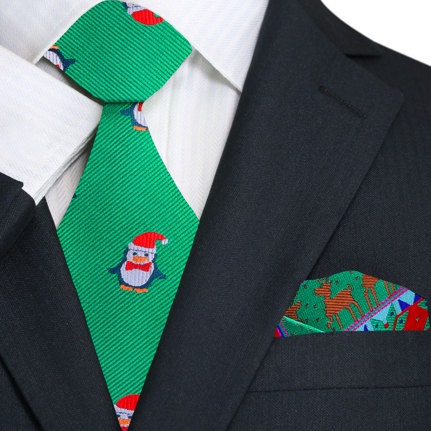 Model wearing the Christmas tie with penguins for office holiday party.