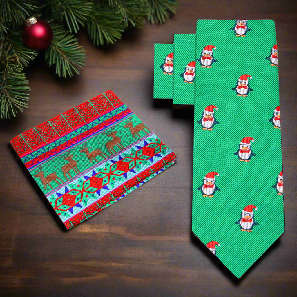 Flat lay of the unique silk necktie for holiday events next to a matching pocket square.