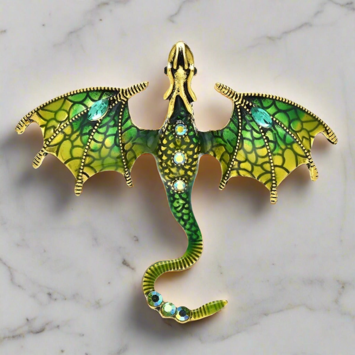Close-up of the Majestic Dragon Lapel Pin, showcasing the sparkling glass stones and quality zinc alloy.