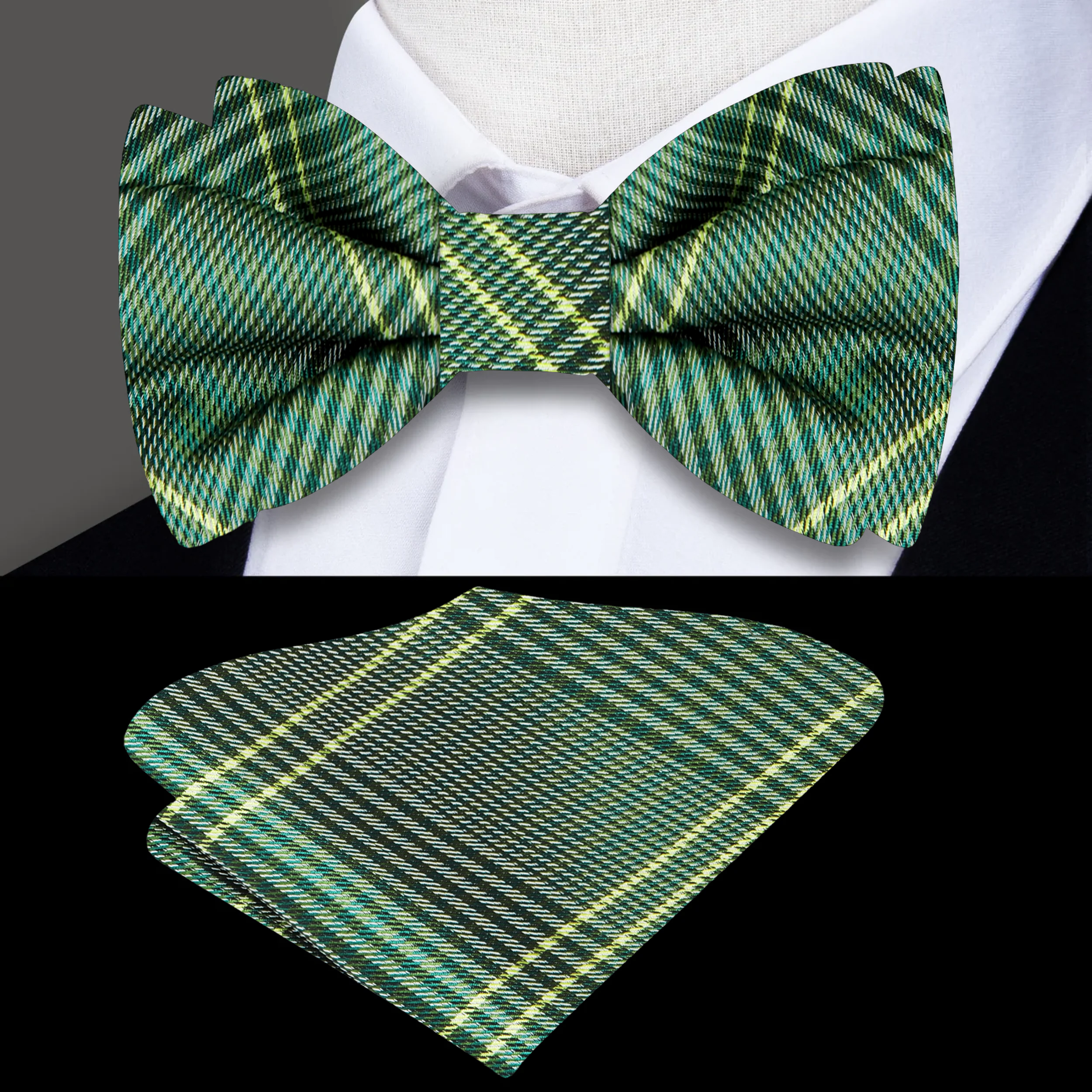 Man styling a plaid silk bow tie with a light blue shirt for summer event