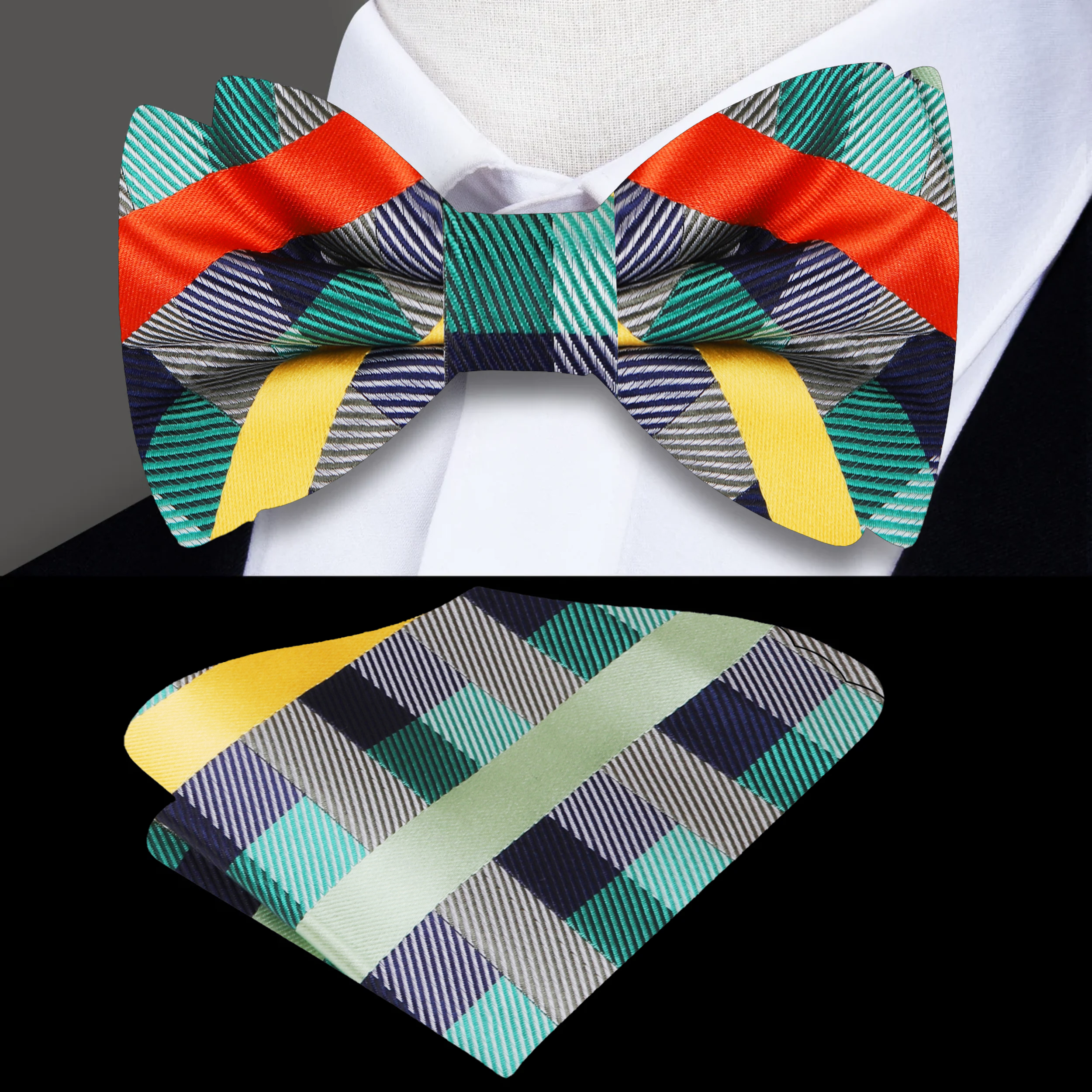 Close-up of the Kids Stylish Plaid Pre-Tied Bow Tie in green and orange, perfect for any occasion.