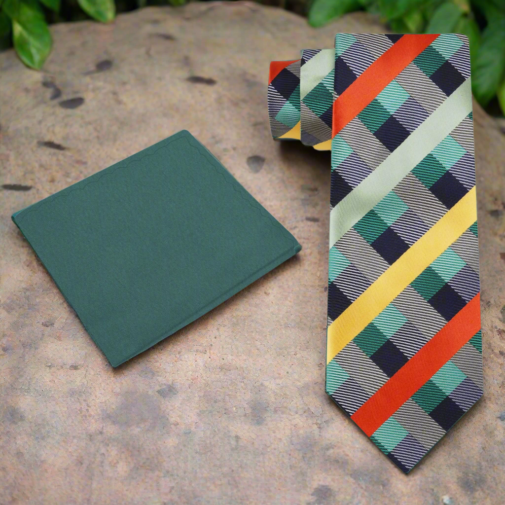 Everhaven Plaid Necktie displayed with a matching pocket square on a stylish background.
