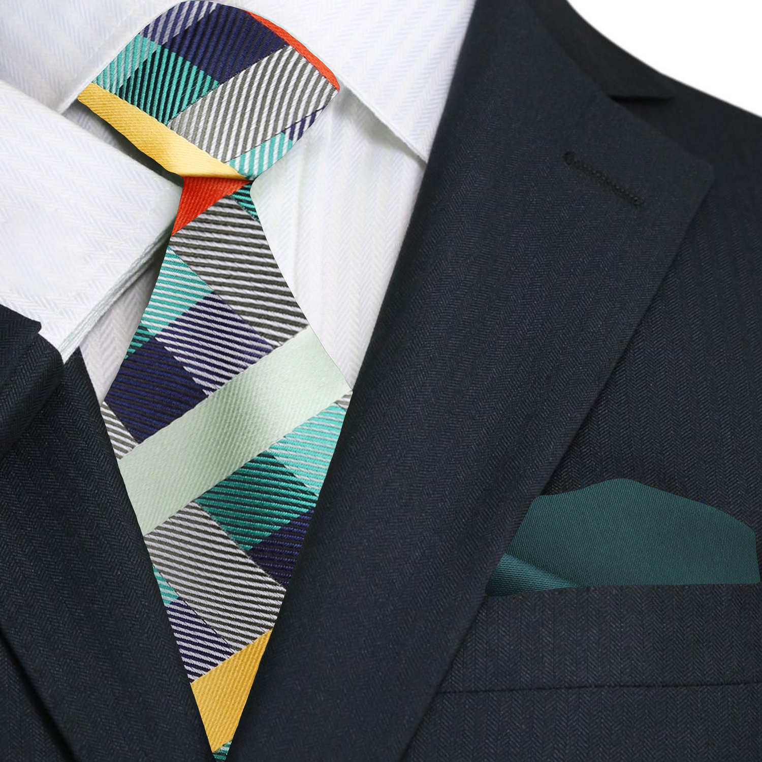 Model wearing the Everhaven Plaid Necktie at a spring wedding, paired with a white dress shirt.