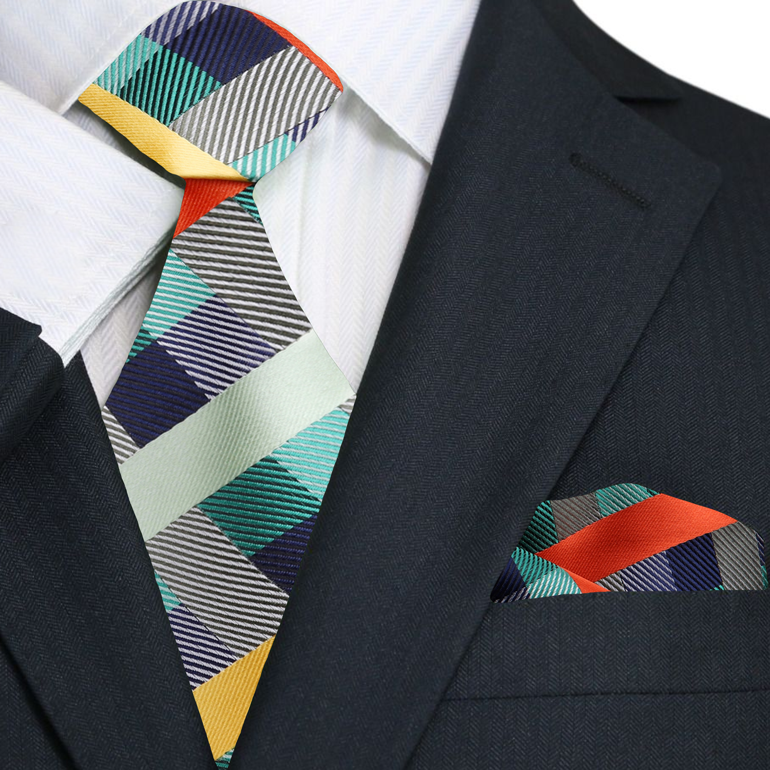 Close-up of the Everhaven Vibrant Plaid Necktie featuring a blend of green, orange, and yellow.
