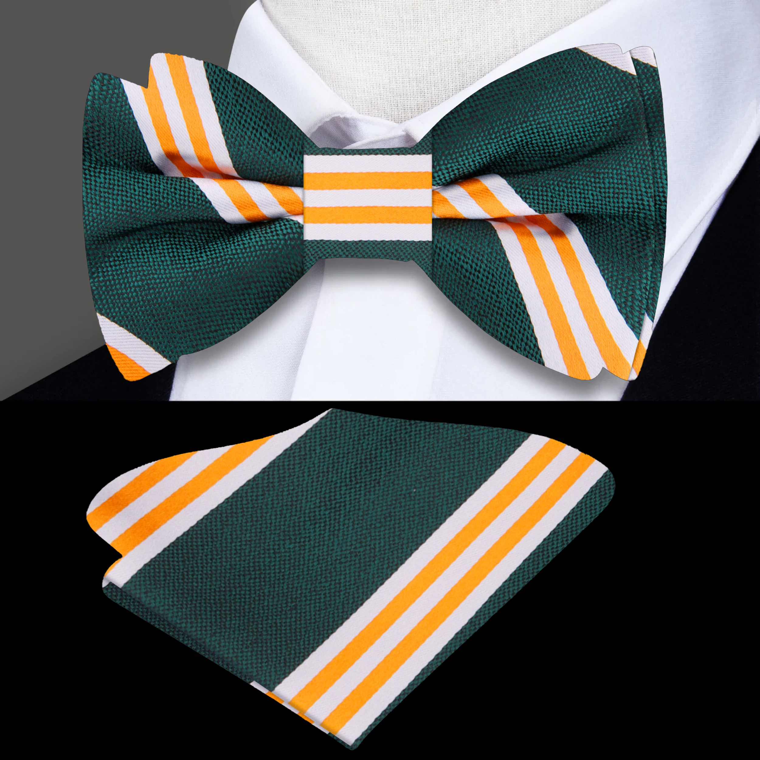 Close-up of a silk bow tie with striped pattern for formal occasions