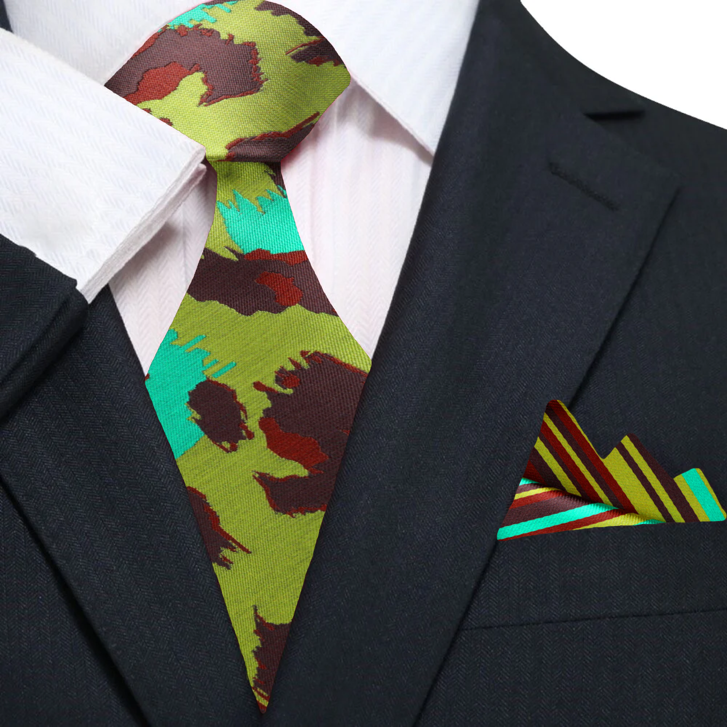 Chic cheetah print silk necktie displayed on a white background, showcasing its vibrant green and brown colors.