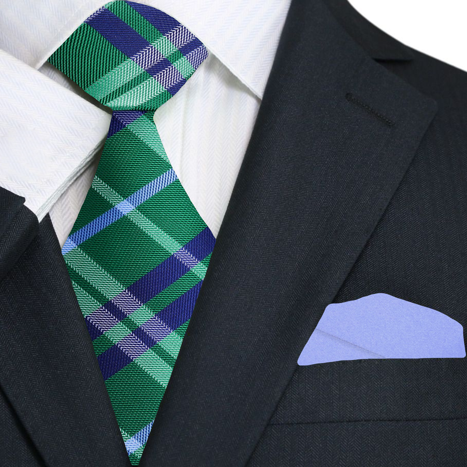 Elegant green plaid silk necktie showcased with a classic white shirt for weddings