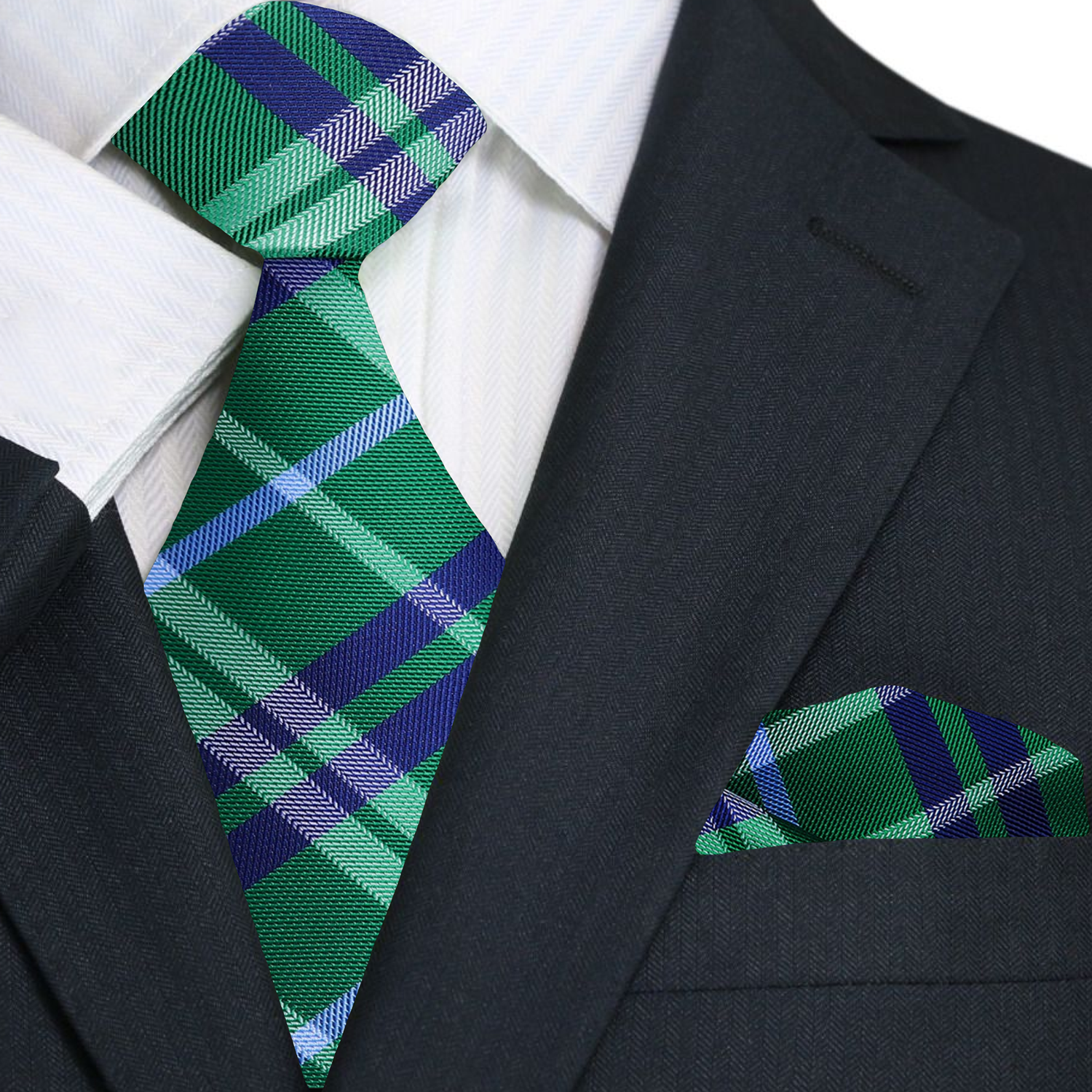 Elegant green plaid silk necktie showcased with a classic white shirt for weddings