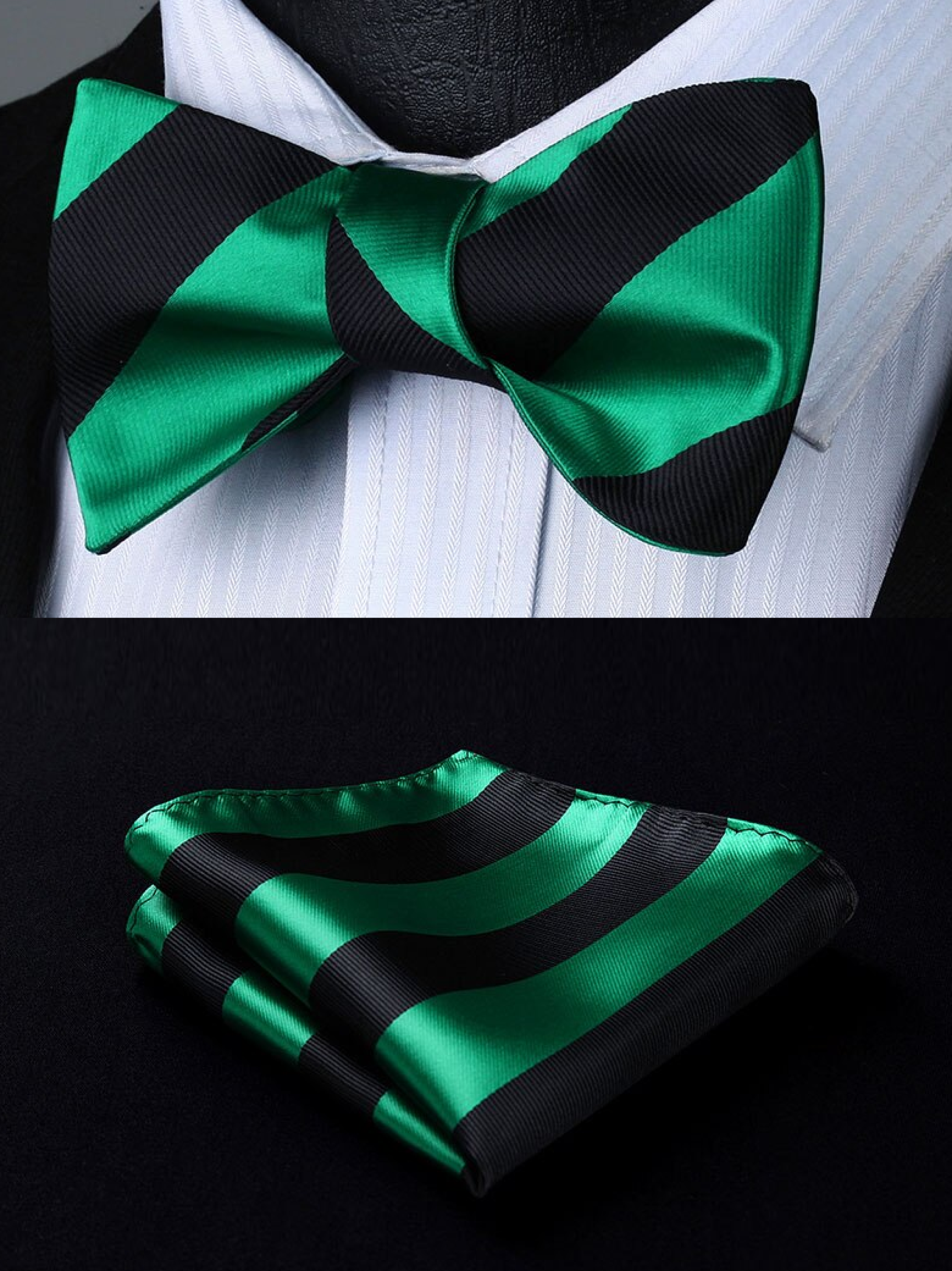 Close-up of a striped silk bow tie in vibrant blue and orange for wedding accessories