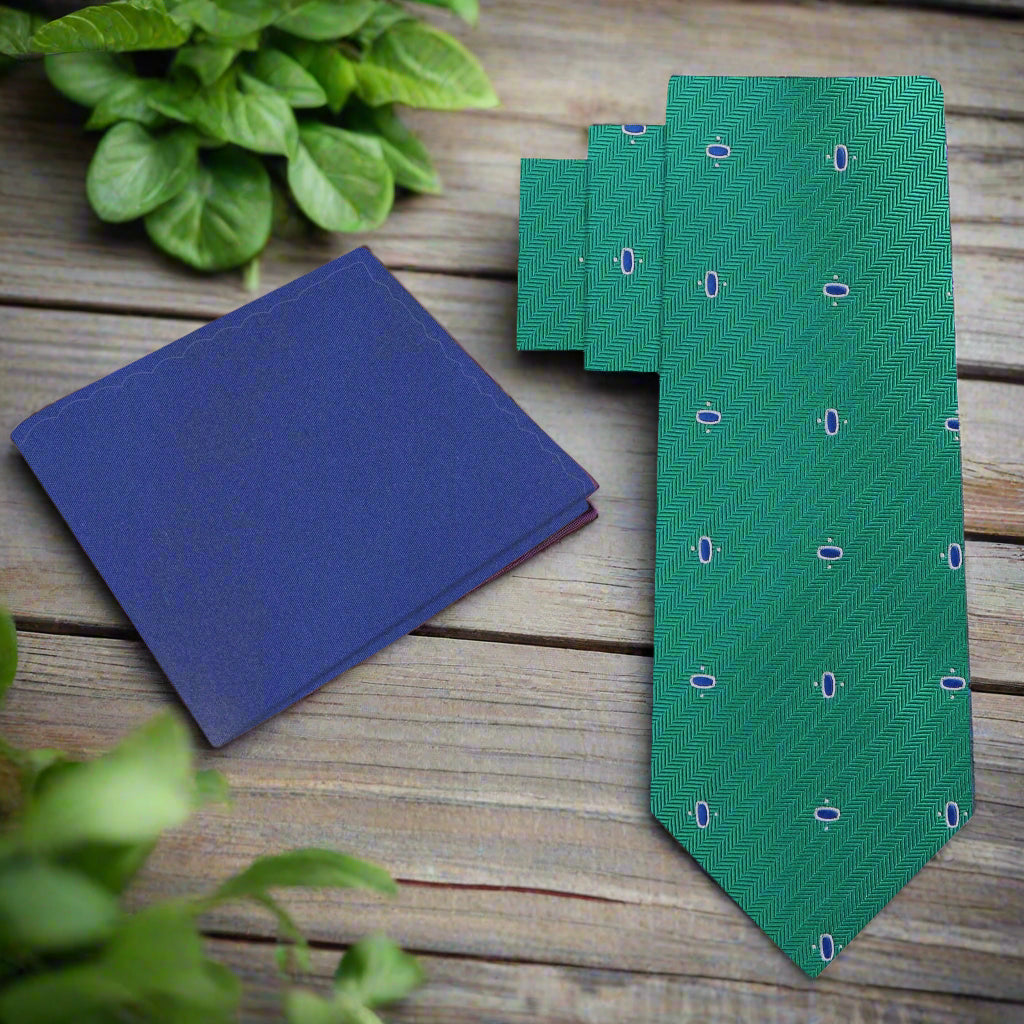 Close-up of Cadence Classic Silk Tie displaying green and blue ovals pattern, ideal for formal occasions.