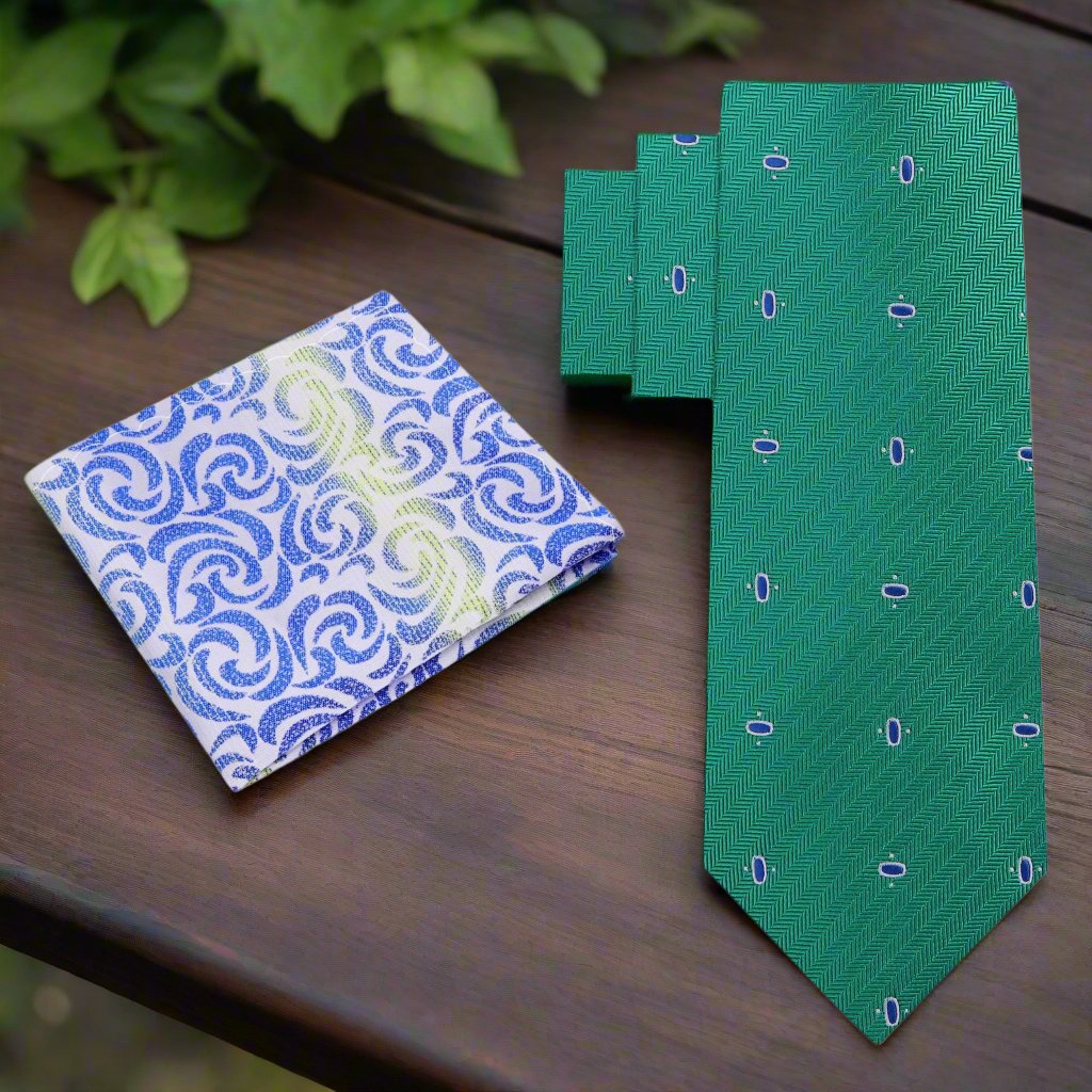 Close-up of Cadence Classic Silk Tie displaying green and blue ovals pattern, ideal for formal occasions.