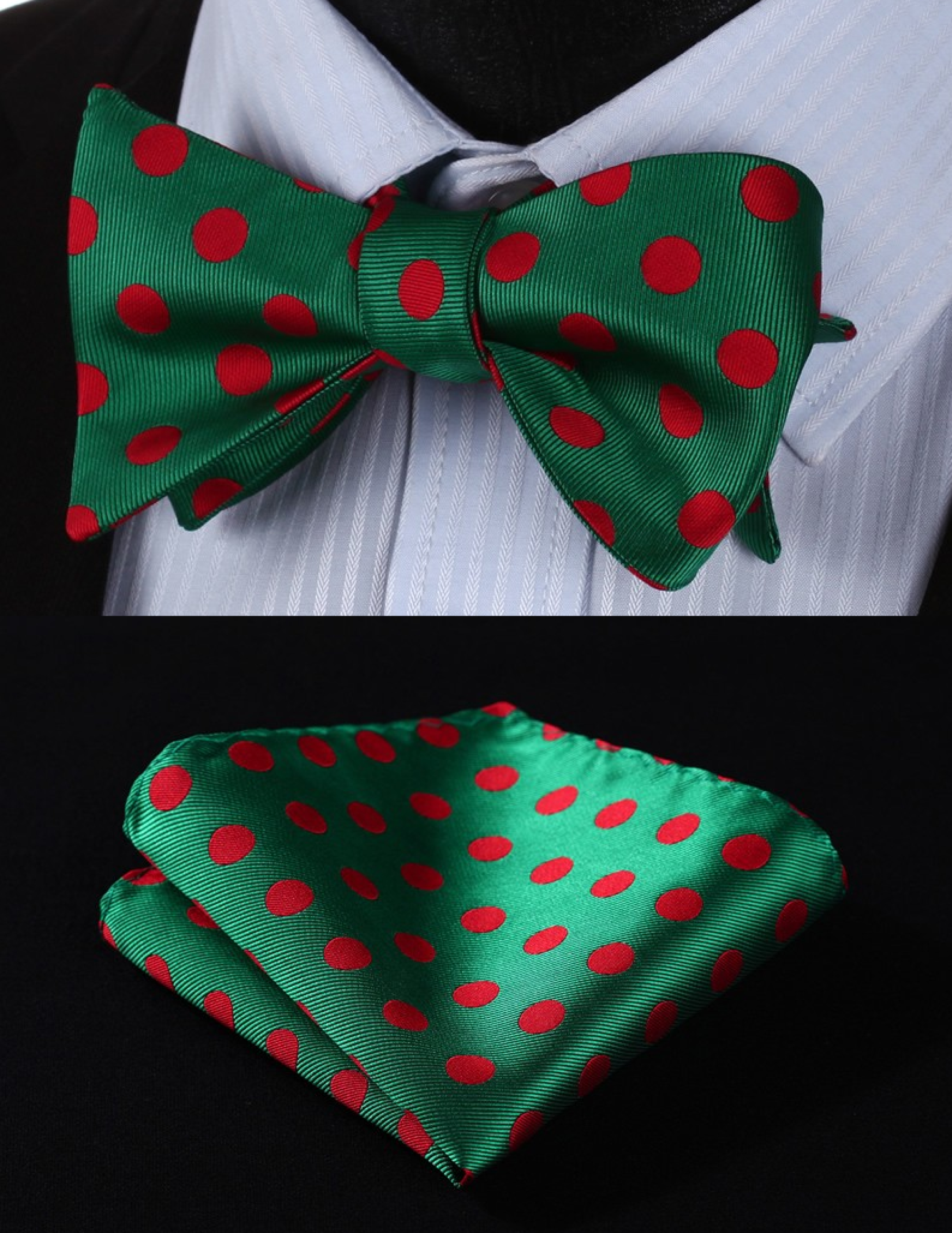 A stylish arrangement of various self-tie bow ties showcasing different polka dot patterns and colors.