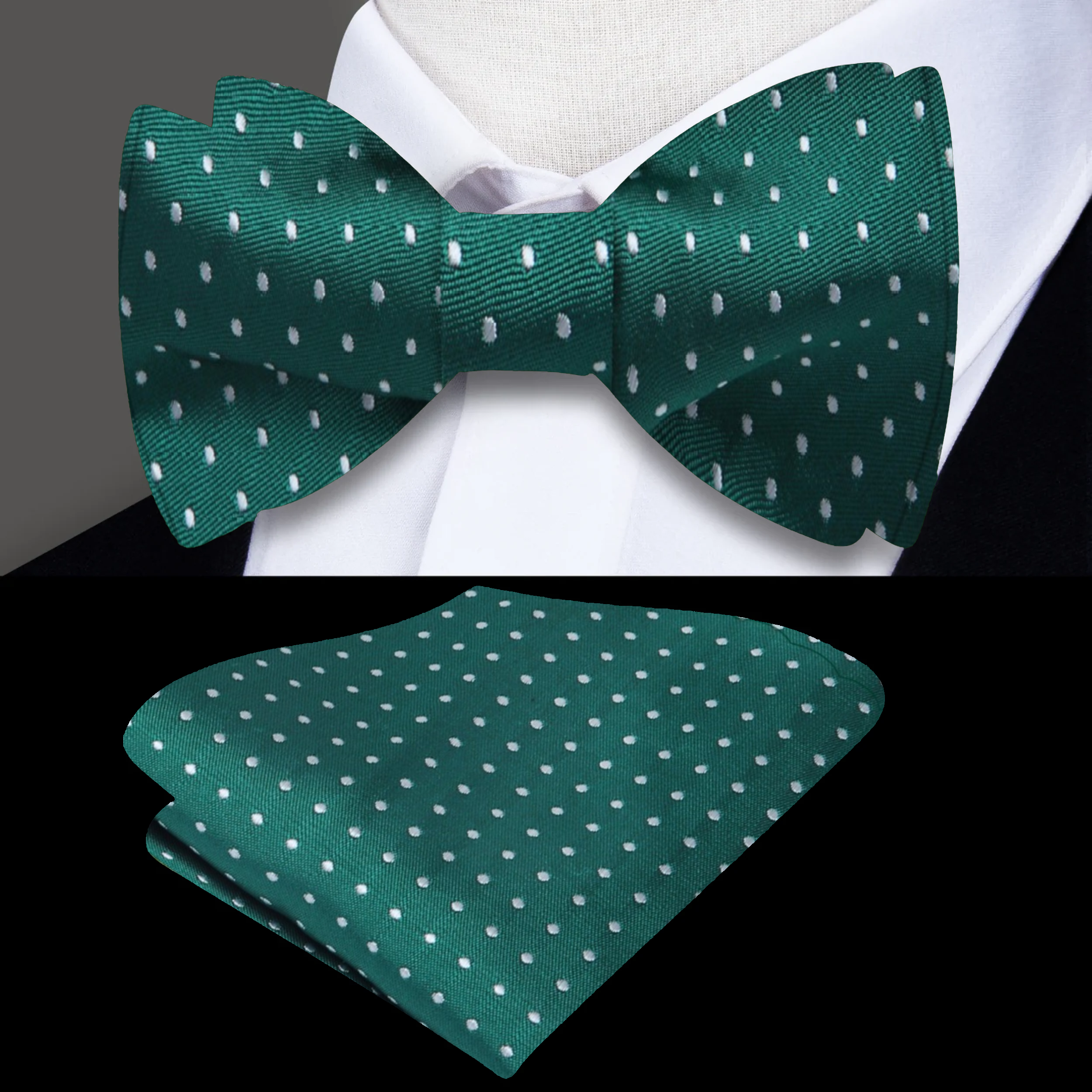 Elegant microdot silk bow tie in dark blue, showcasing its refined texture and playful design.