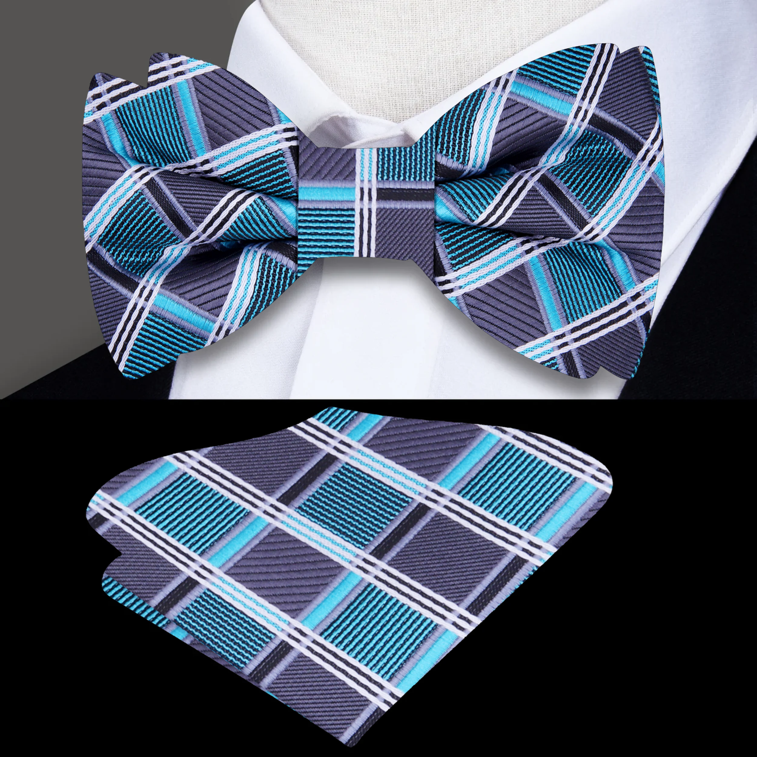 Front view of the Paramount plaid bow tie in grey and orange, perfect for formal wear
