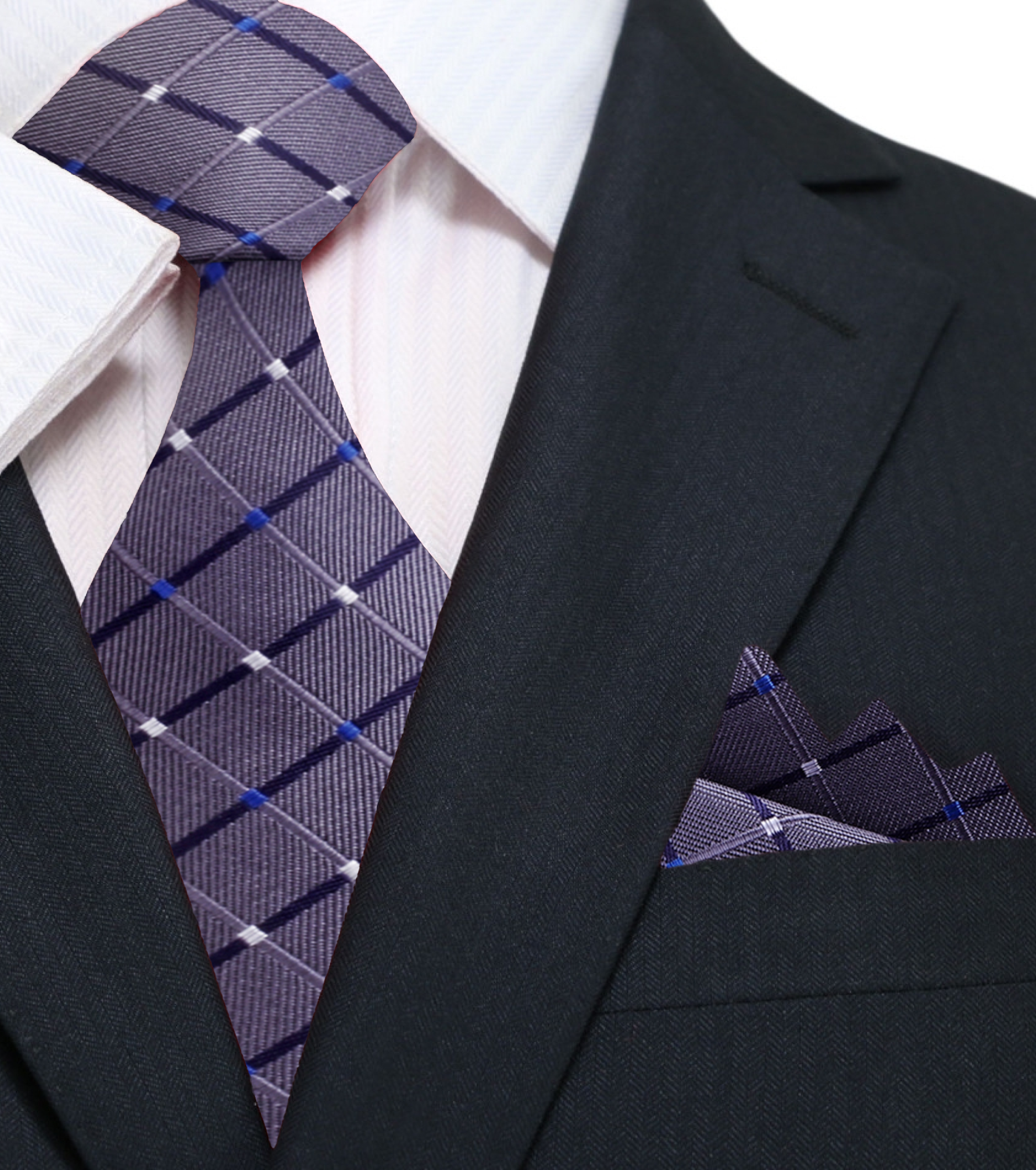 Front view of grey children's tie with matching pocket square displayed neatly