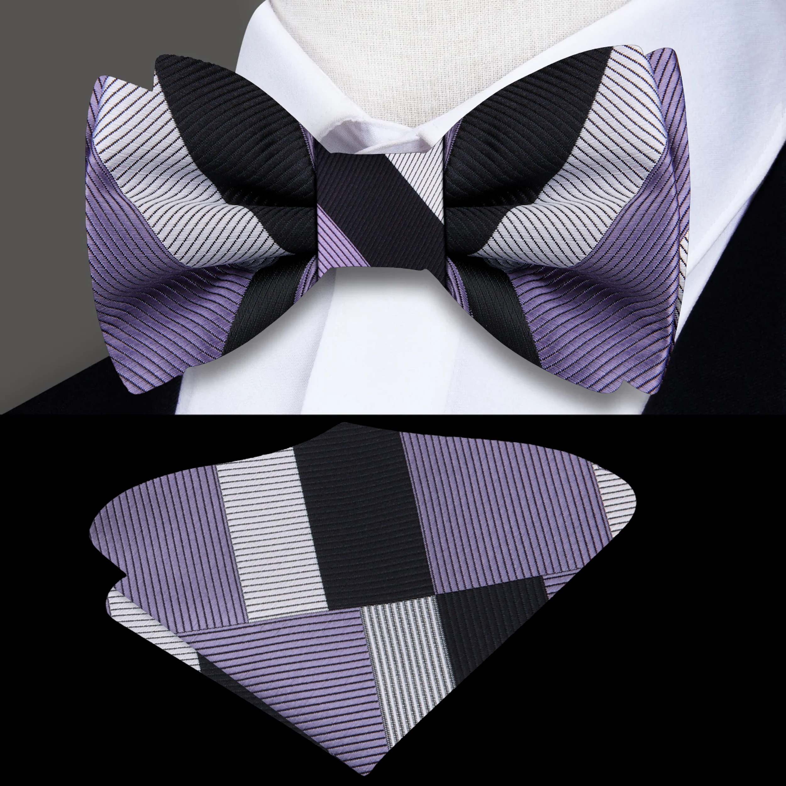 Close-up of the Westcott Prism Silk Bow Tie showing its abstract geometric pattern in multicolored silk