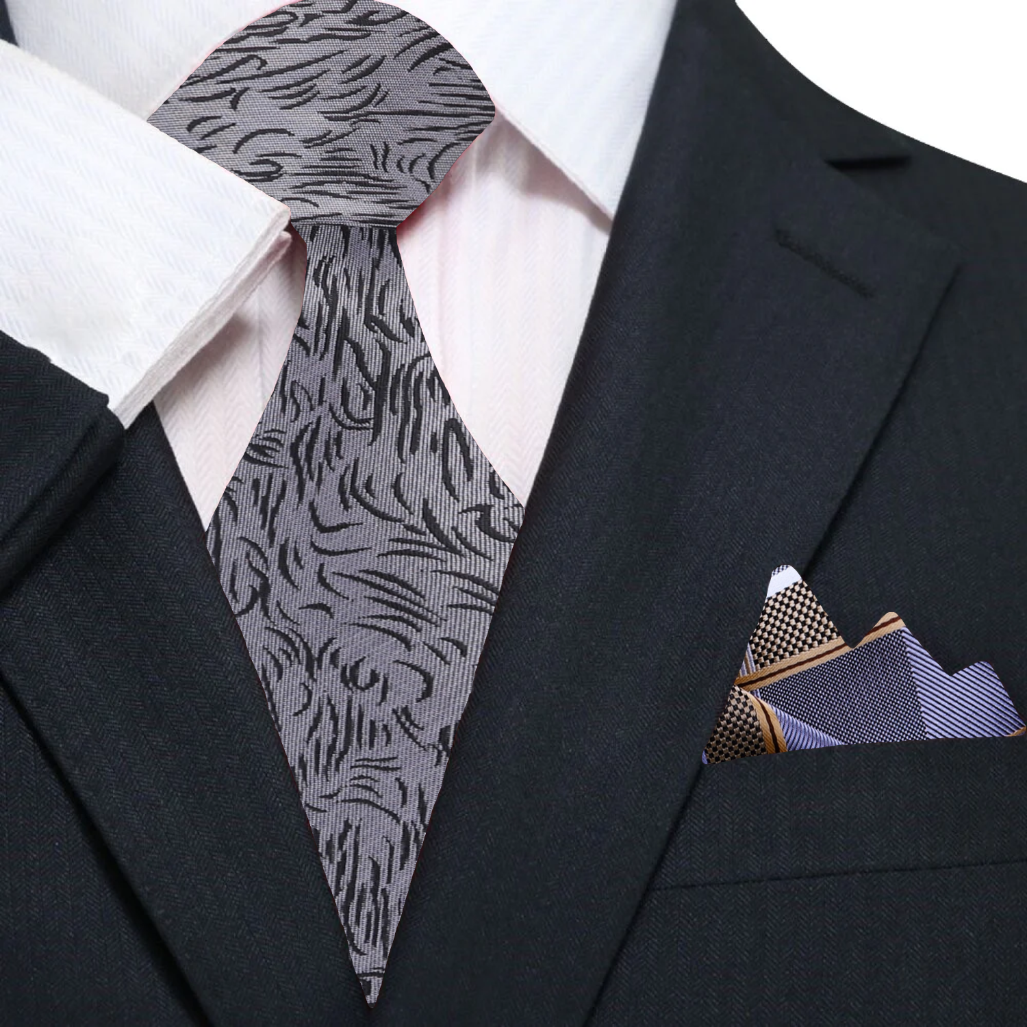 Elegant grey silk necktie with black abstract design, perfect for formal business meetings.