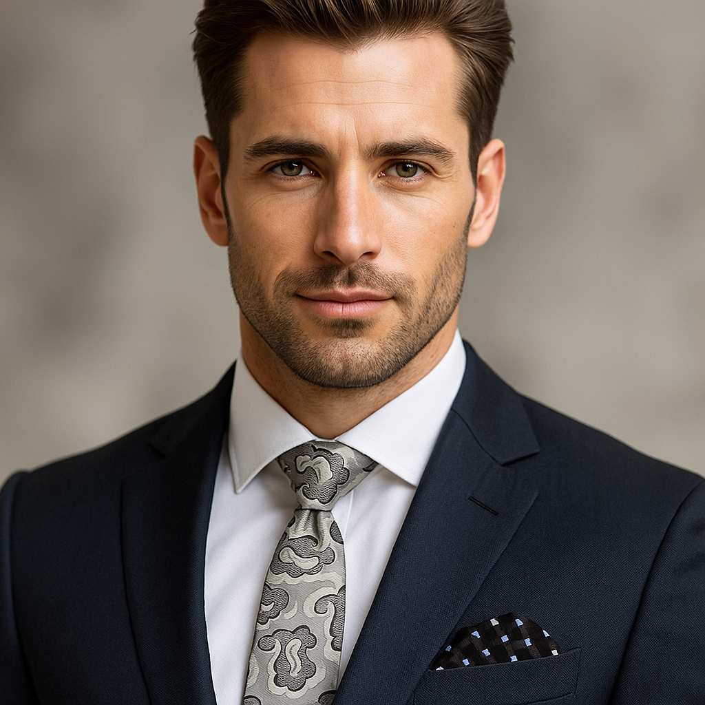 Fashionable mens tie styled with a charcoal suit for evening event