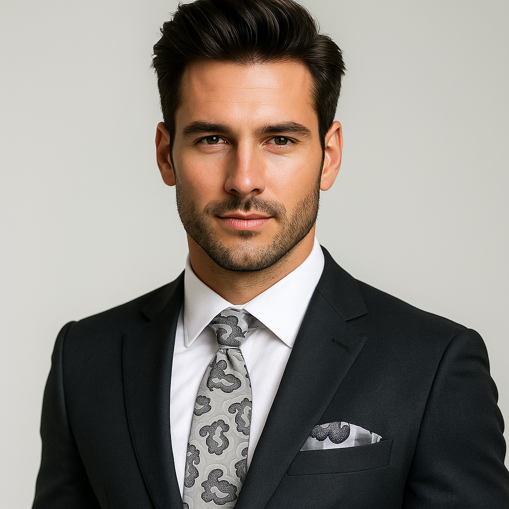 Man wearing the modern abstract necktie with a white dress shirt at a business conference