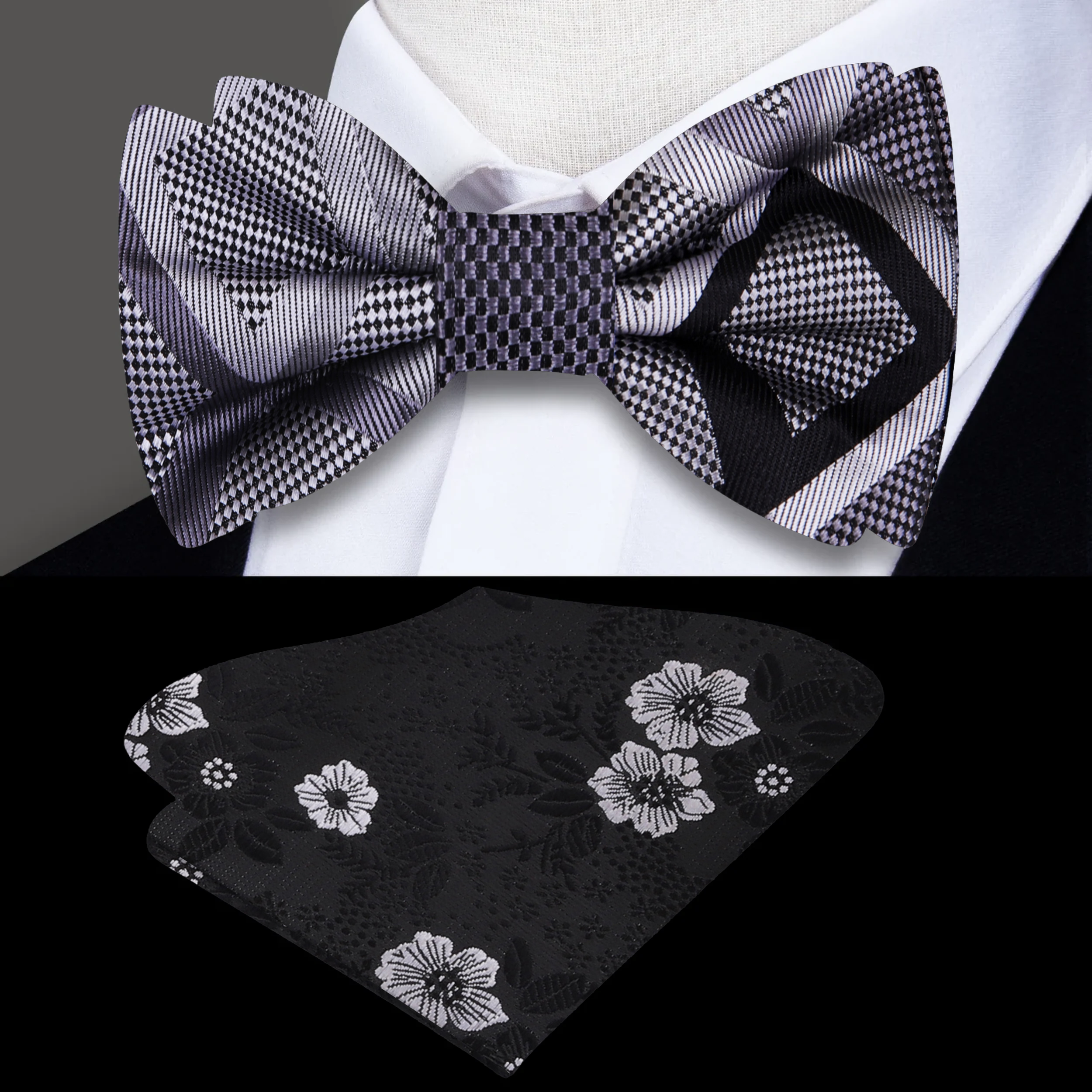 Elegant Grey and Black Geometric Silk Bow Tie from a side angle, perfect for weddings and formal events.