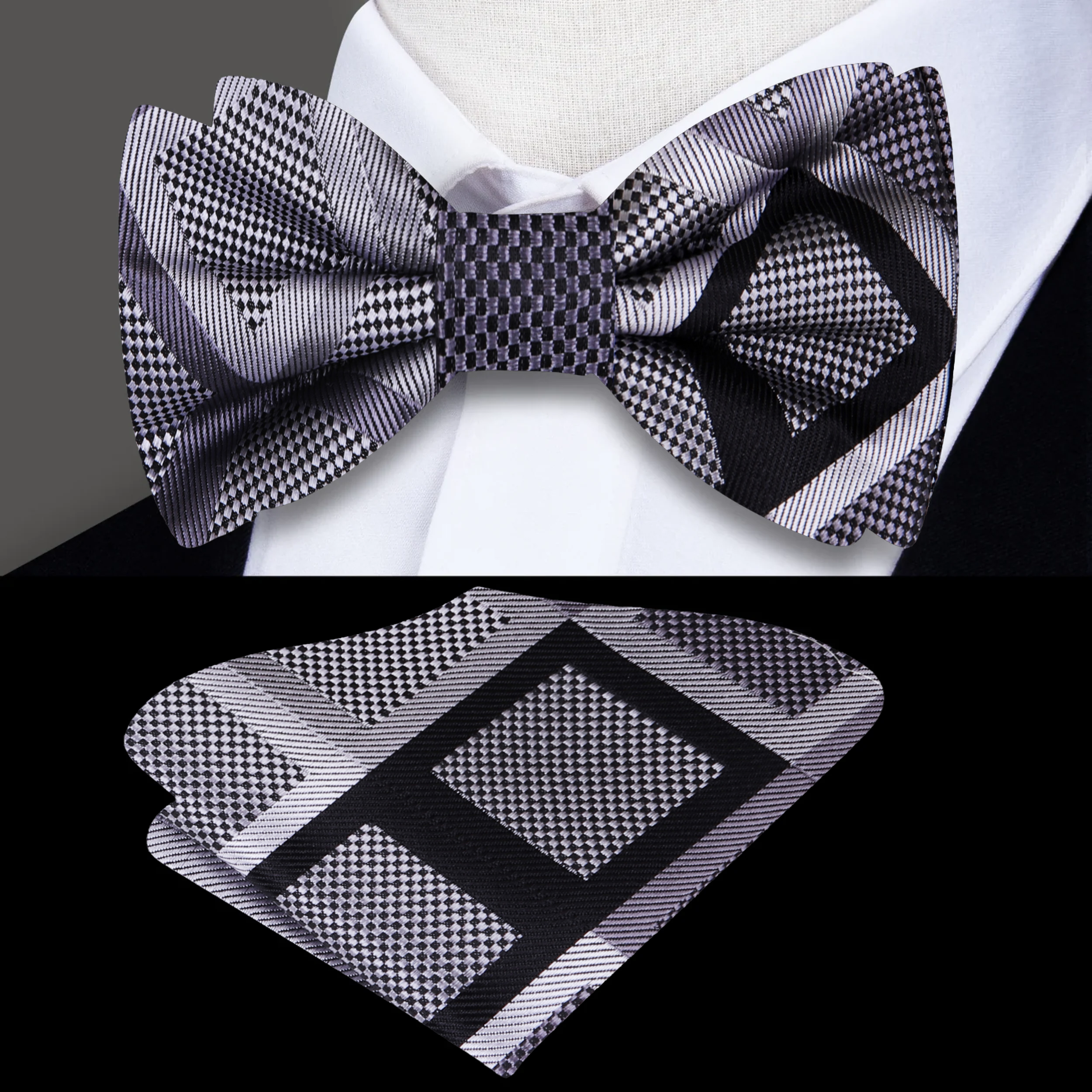 Close-up of the geometric pattern on the silk bow tie, highlighting its sophisticated design.