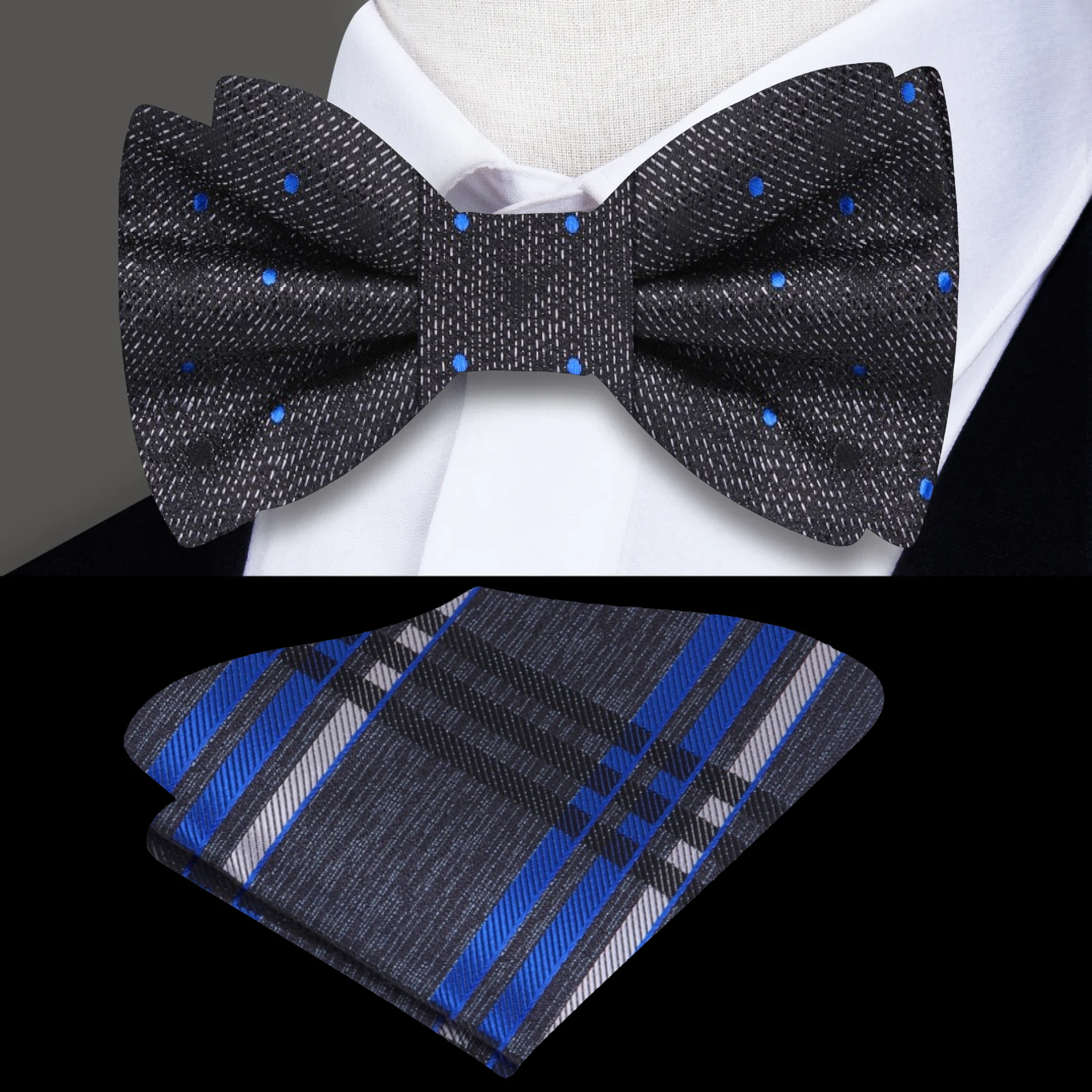 Charcoal Elegance Bow Tie with Blue Dots - Image 3