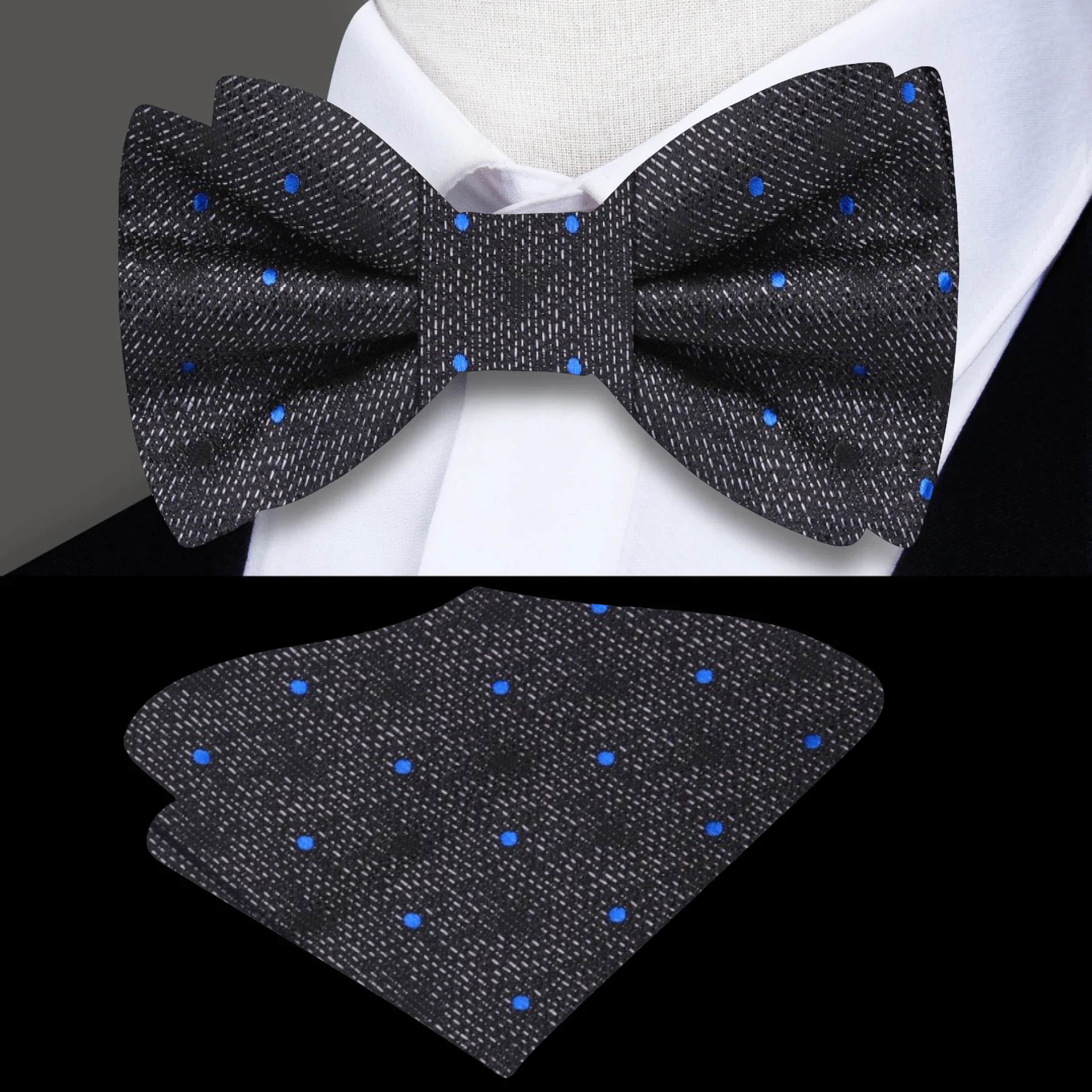 Charcoal Elegance Bow Tie with Blue Dots - Image 4