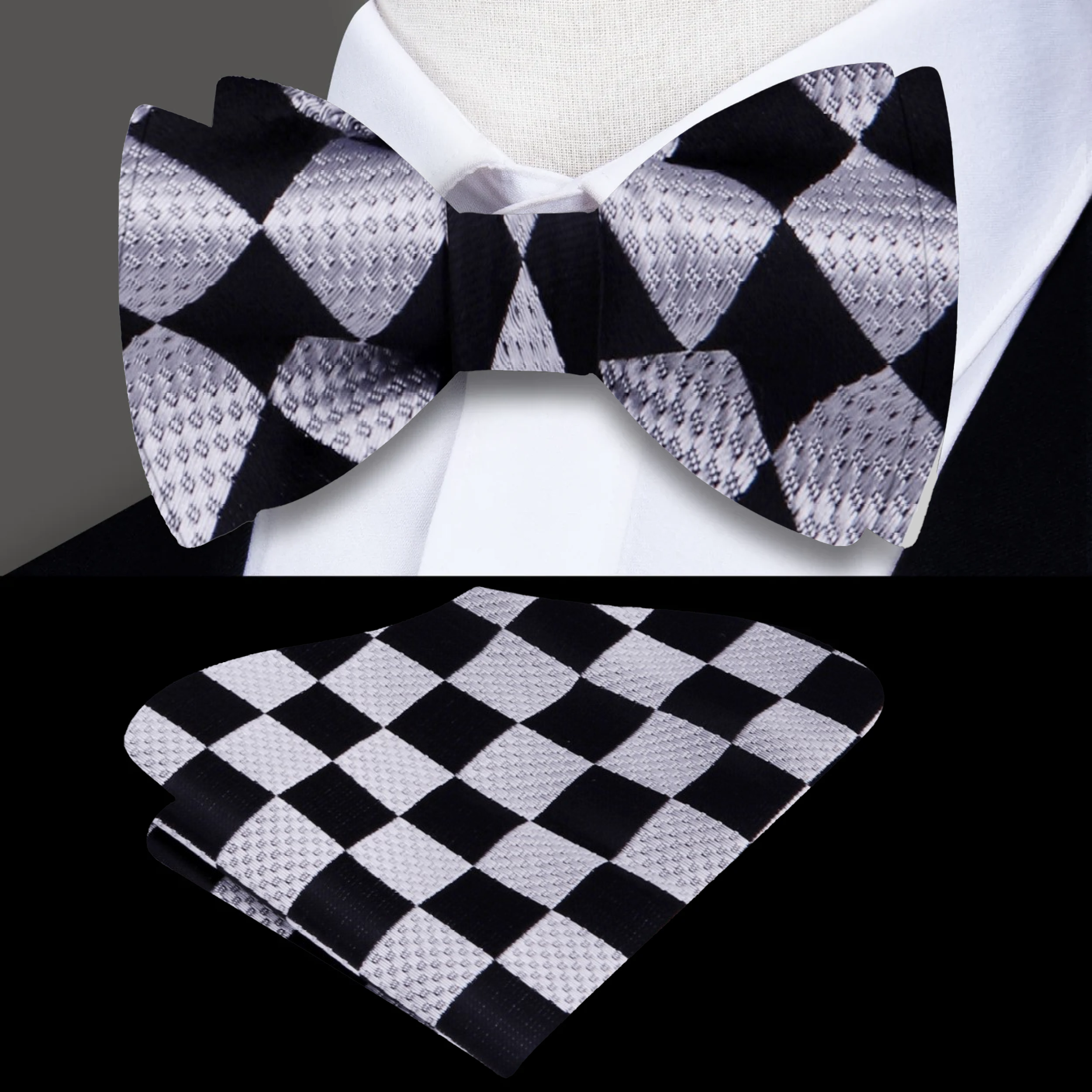 Close-up of the silk fabric and geometric pattern on a checkerboard bow tie