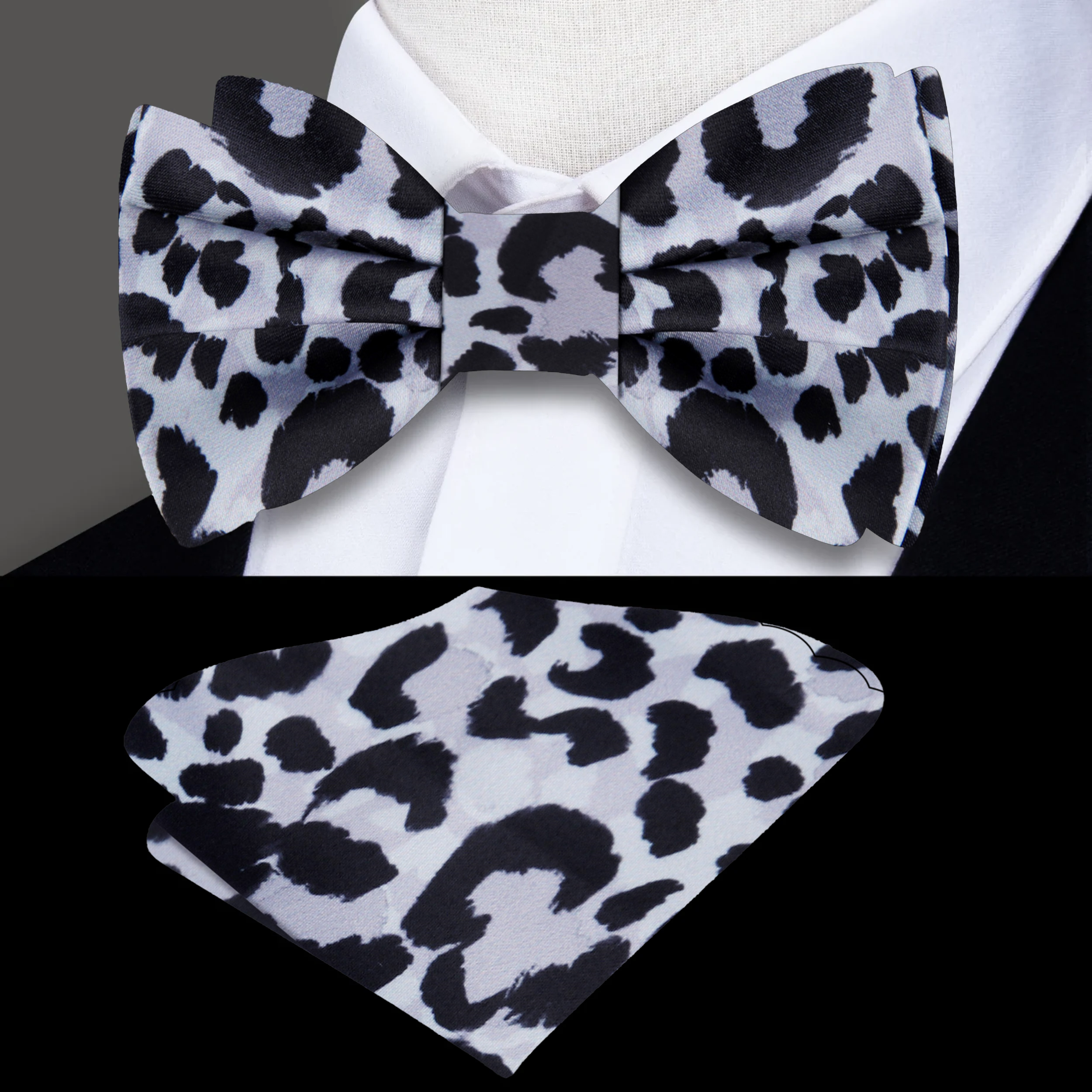 Elegant cheetah pattern silk bow tie styled with a dress shirt for formal events