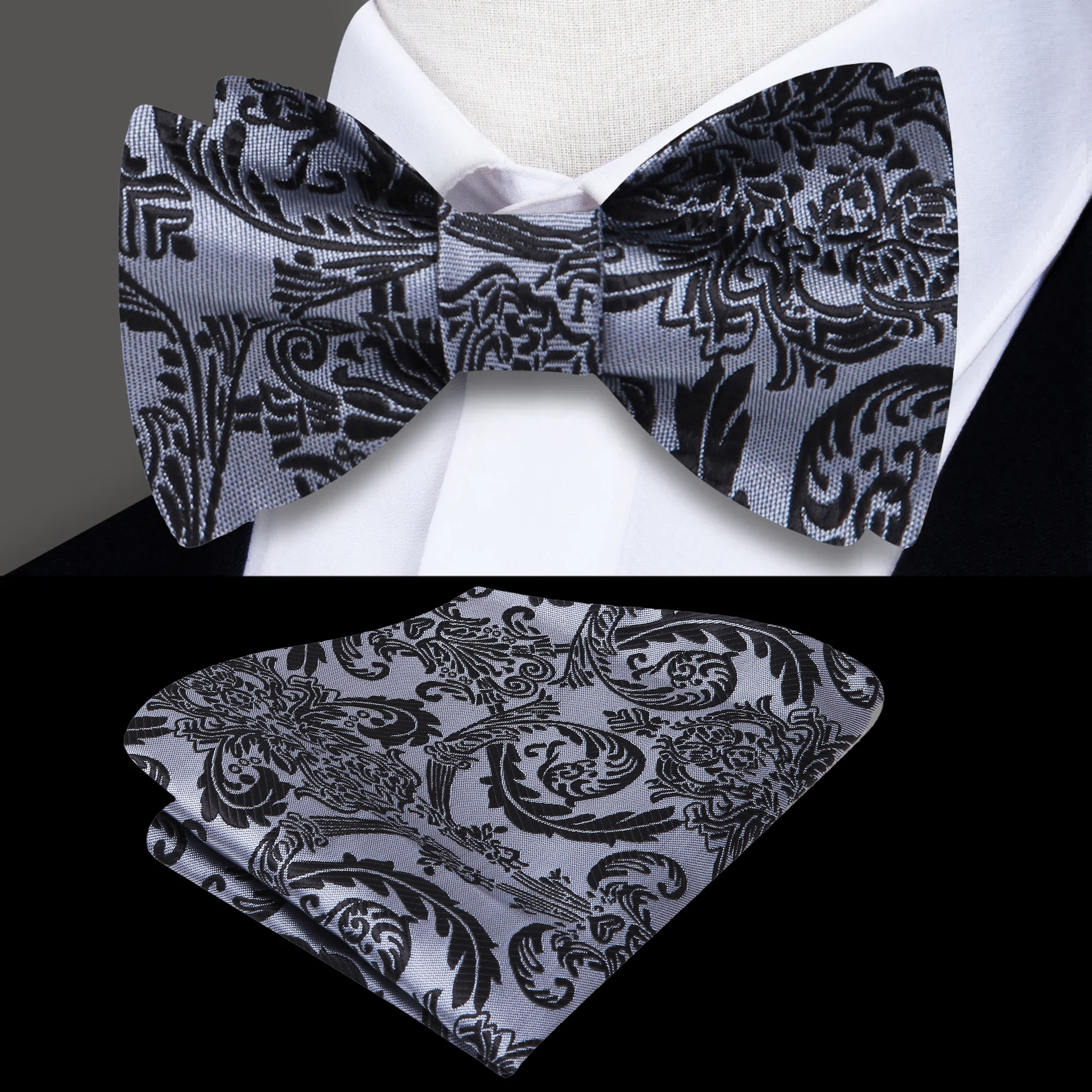 Elegant paisley silk bow tie in white on models neck for formal occasion
