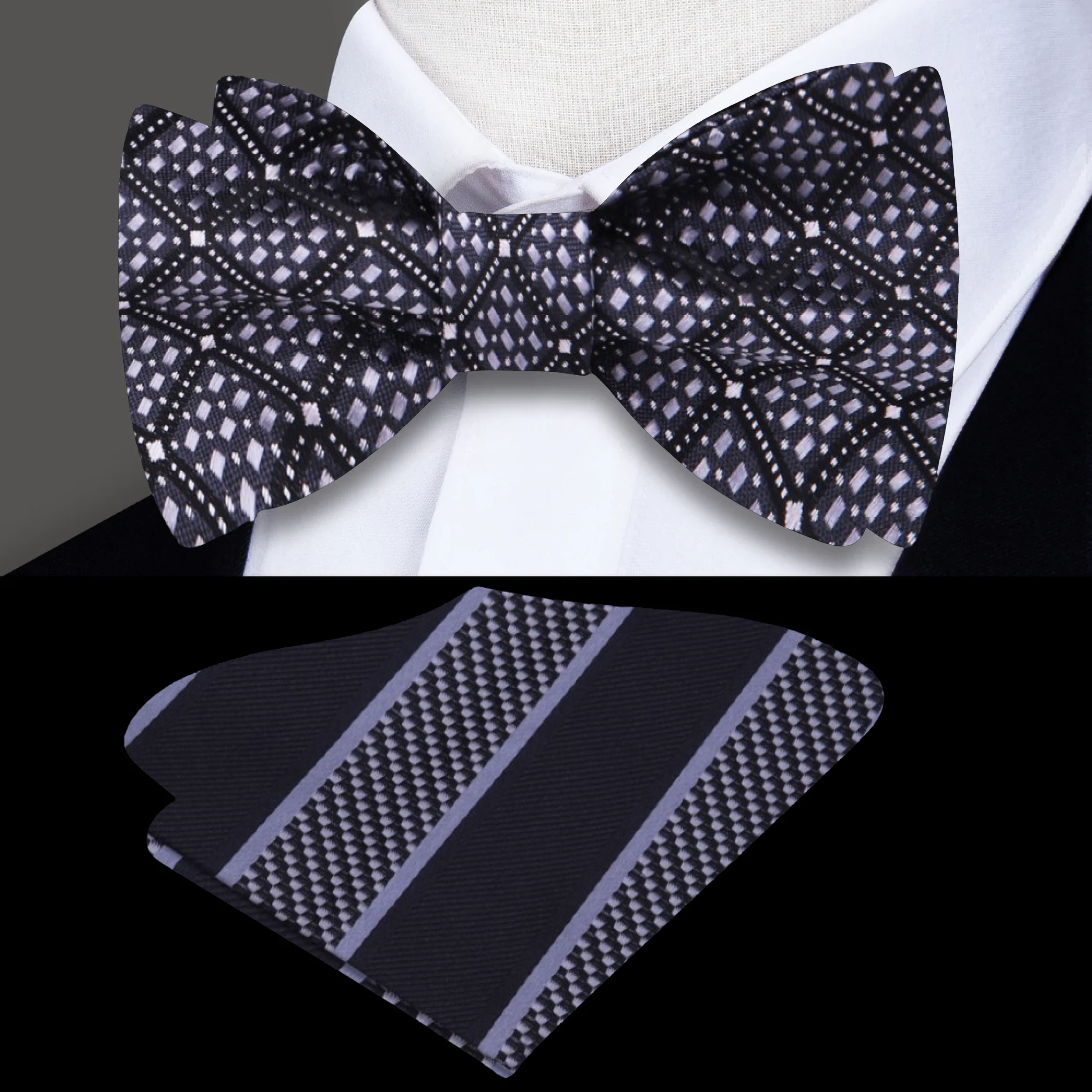 Front view of the Gladmere geometric silk bow tie on a mannequin, highlighting its modern pattern and elegant design.